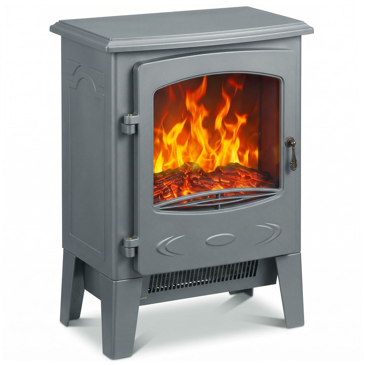 Electric Fireplace Stove, Freestanding Log Burner, 1000W/2000W, Portable Electric Fire Fan Heater with LED Flame Effect, Adjustable Thermostat, Tempered Glass, Overheat Protection, Grey