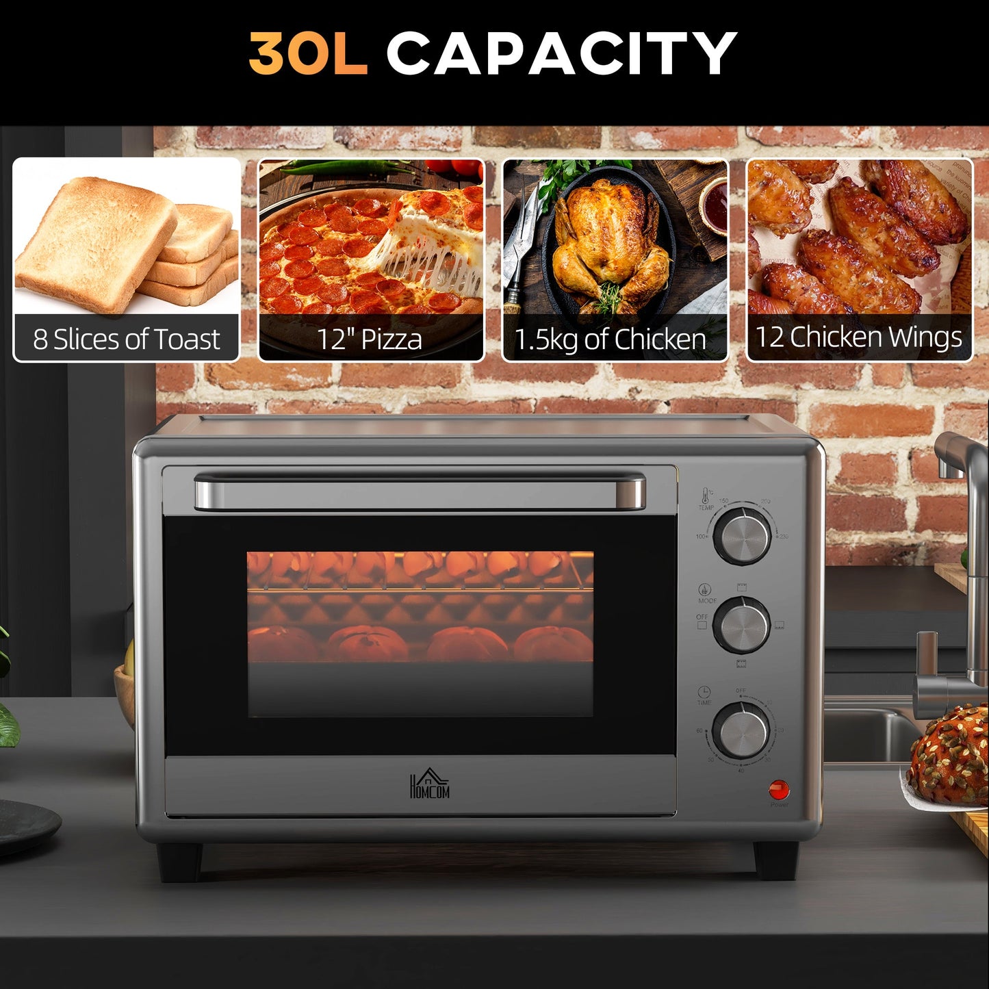 HOMCOM 30 Litre Mini Oven, Countertop Electric Cooker & Grill for Roasting, Baking, Grilling with Adjustable Temperature, 60 Min Timer, Baking Tray and Wire Rack, 1600W, Silver