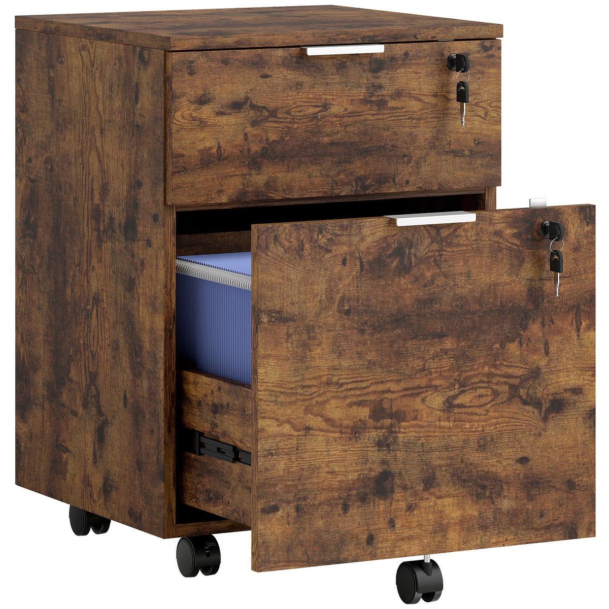 Mobile File Cabinet with Wheels and Lock, 2 Drawer Under Desk Office Cabinet, Adjustable A4 and Letter Hanging Bars, Black and Rustic Brown