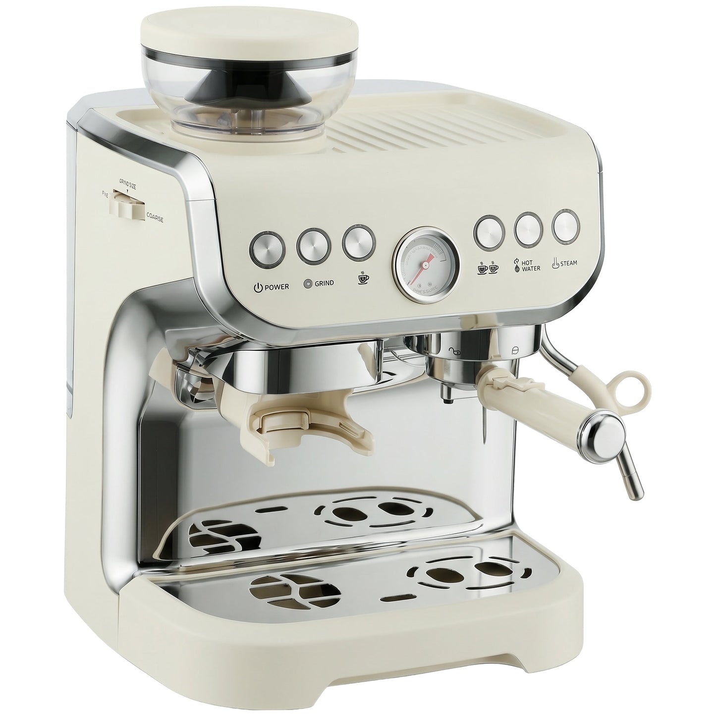 Espresso Machine with Integrated Bean Grinder & Steam Wand, Bean to Cup Coffee Machine with 15 Bar Italian Pump, 2L Water Tank, Cappuccino Maker, Stainless Steel, Cream White
