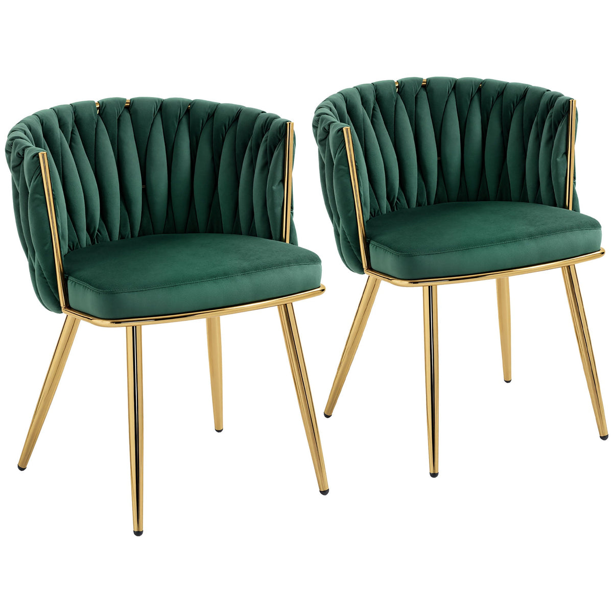 Velvet-Feel Dining Chairs Set of 2, Modern Upholstered Kitchen Chairs with Woven Backrest and Armrests, Metal Legs and Padded Seat for Dining Room, Bedroom, Living Room, Dark Green
