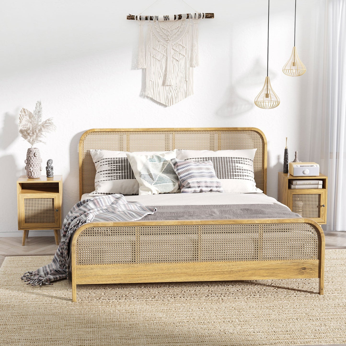 HOMCOM Bedside Table Nightstand with Storage Shelf and Door Cupboard, Side End Table with Rattan Element for Living Room, Bedroom, Set of 2, Natural