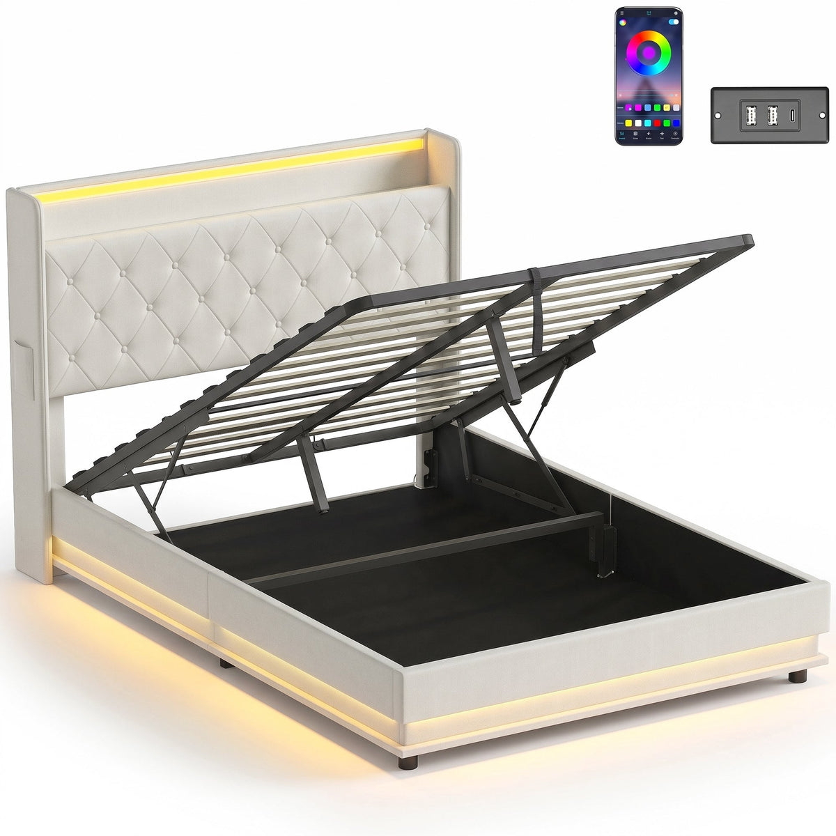 4ft6 Double Ottoman Bed Frame with Hydraulic Storage, APP Control LED Lights and Charging Station, Upholstered Lift Up Storage Bed Frame with Headboard, No Box Spring Needed, Cream White