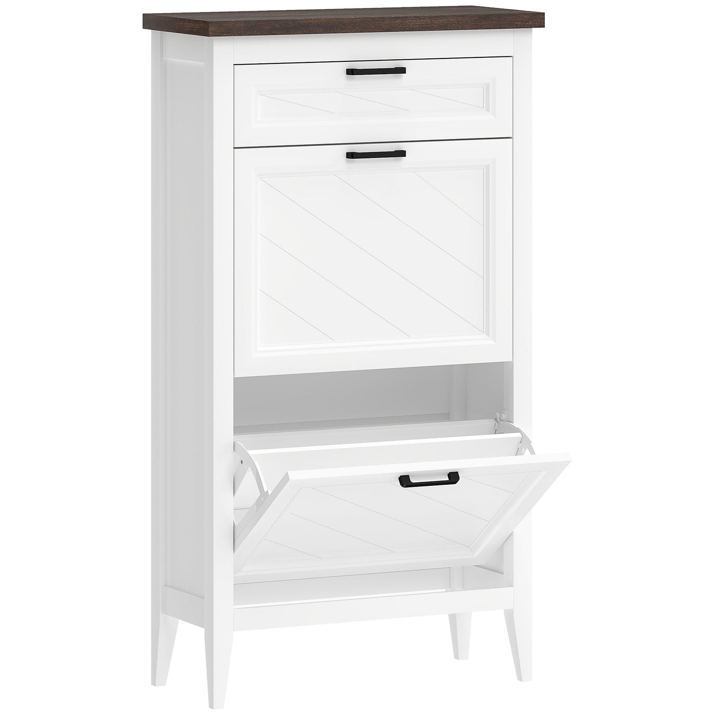 Shoe Cabinet with 2 Flip Drawers, Farmhouse Narrow Shoe Storage Cabinet with Adjustable Shelves, Storage Drawer, Freestanding for Entryway, Hallway, Living Room, Holds 8-12 Pairs, White