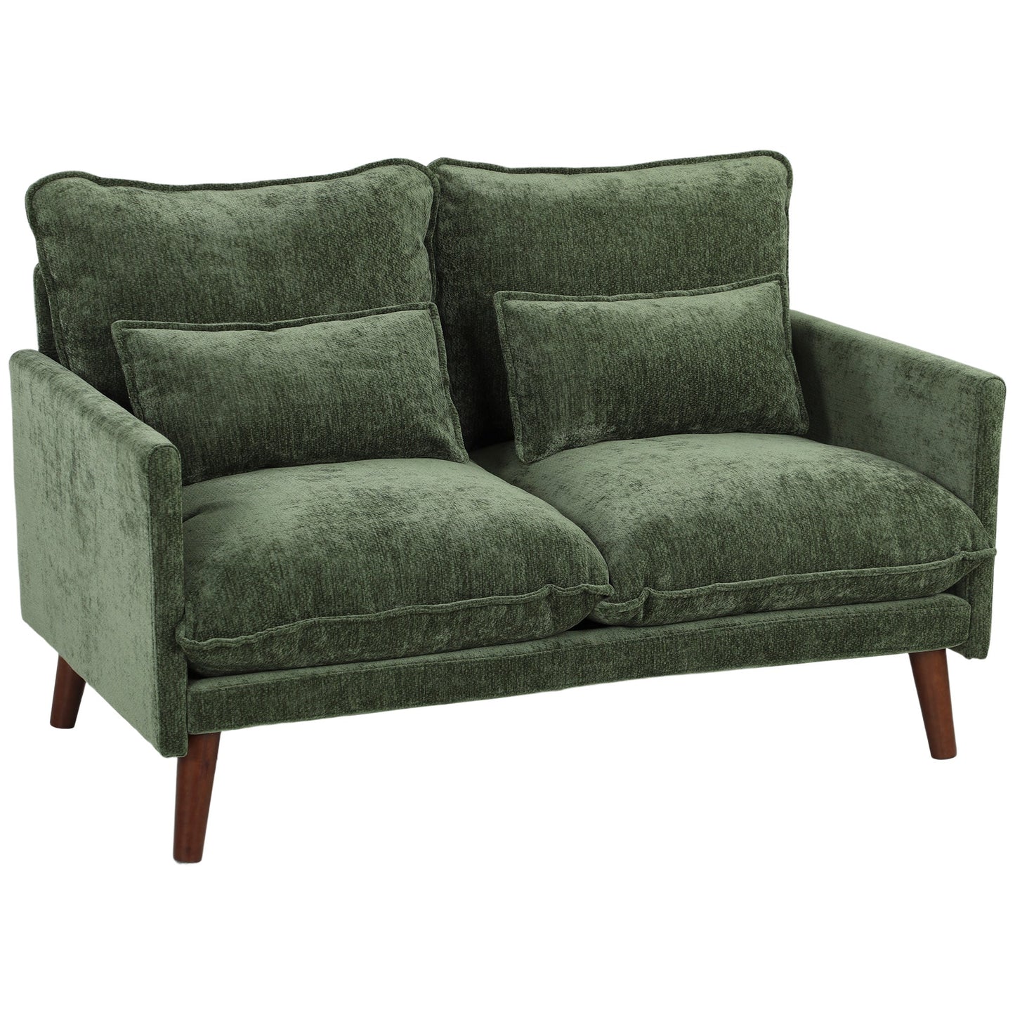 2 Seater Sofa, 131cm Velvet-Feel Fabric Loveseat Sofa with Spring Cushions, Wide and Deep Seat, Wood Legs, 2 Pillows, Modern Couch Settee for Small Space, Living Room, Bedroom, Office, Green