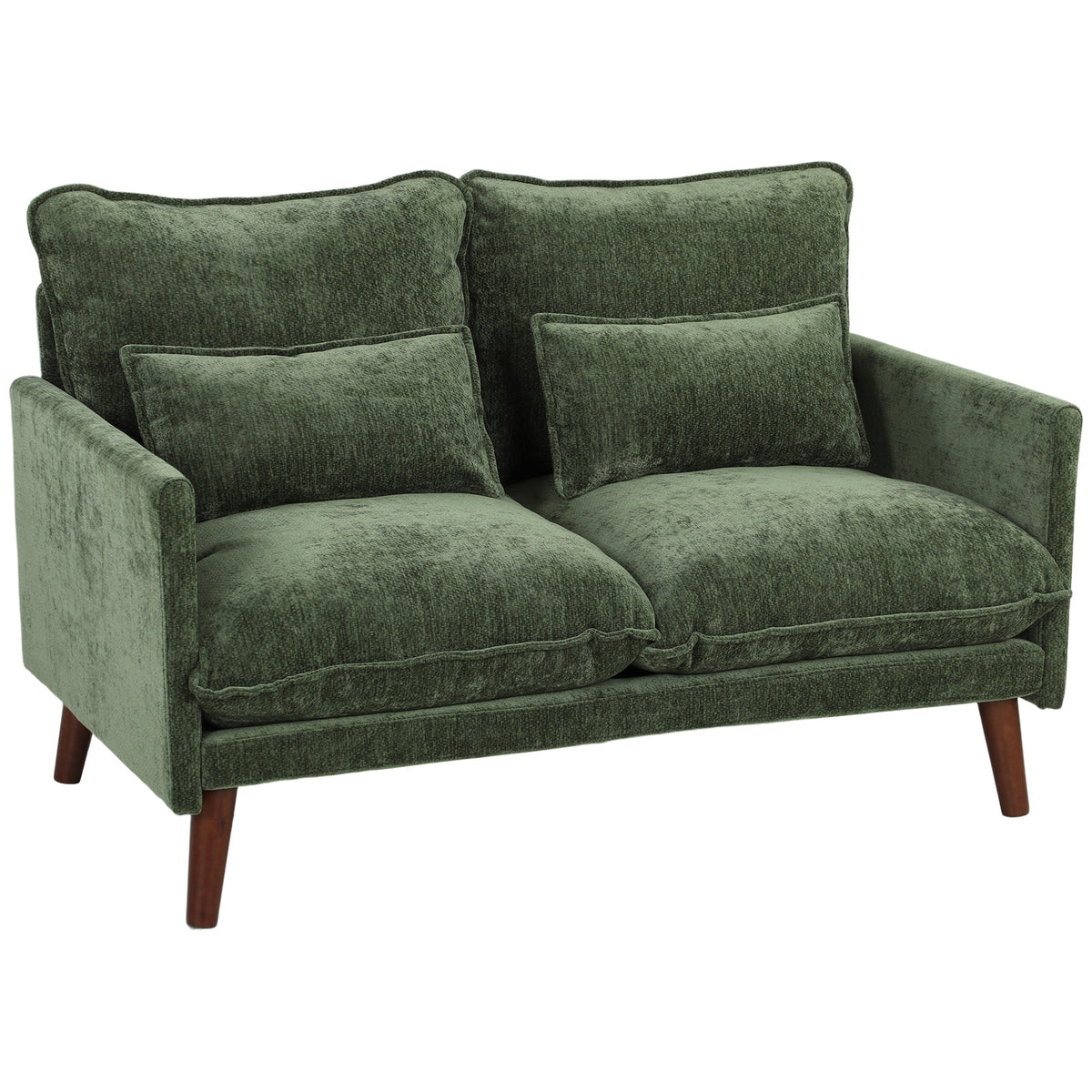 2 Seater Sofa, 131cm Velvet-Feel Fabric Loveseat Sofa with Spring Cushions, Wide and Deep Seat, Wood Legs, 2 Pillows, Modern Couch Settee for Small Space, Living Room, Bedroom, Office, Green