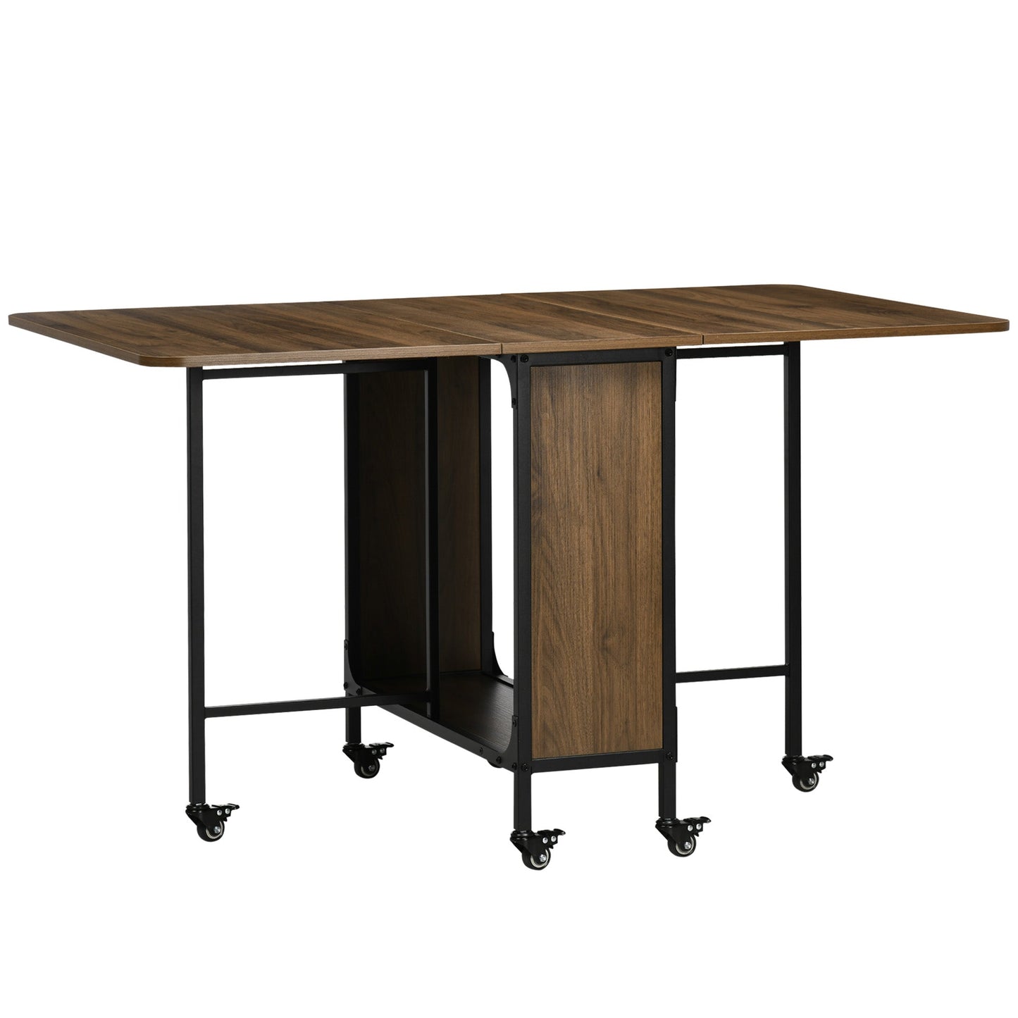 Mobile Drop Leaf Table, Folding Dining Table with 6 Wheels & Storage Shelf for Small Spaces, Kitchen, Dining Room, Light Brown