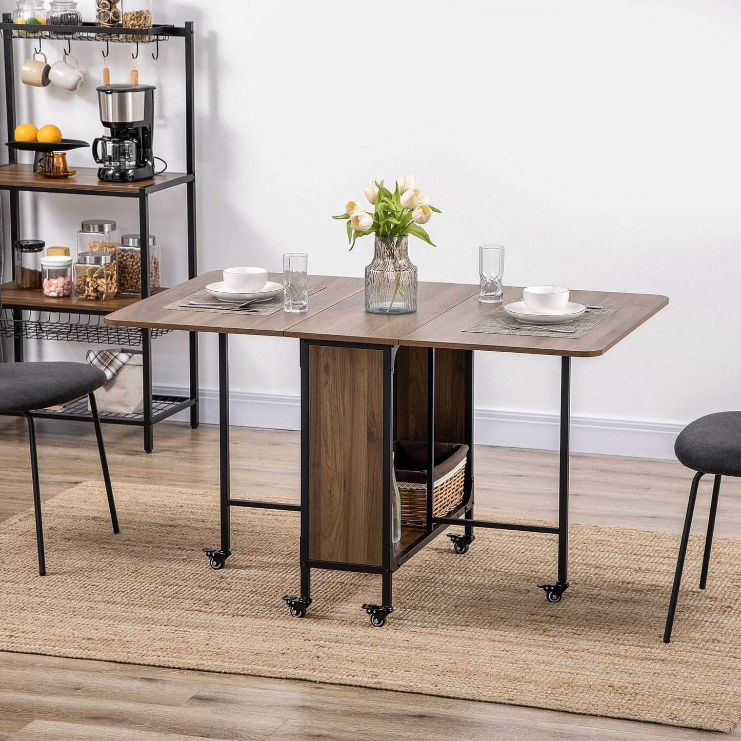 Mobile Drop Leaf Table, Folding Dining Table with 6 Wheels & Storage Shelf for Small Spaces, Kitchen, Dining Room, Light Brown