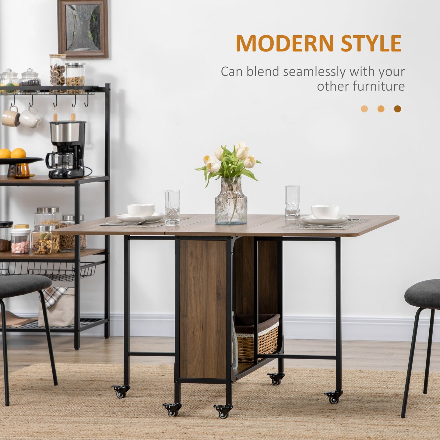 Mobile Drop Leaf Table, Folding Dining Table with 6 Wheels & Storage Shelf for Small Spaces, Kitchen, Dining Room, Light Brown
