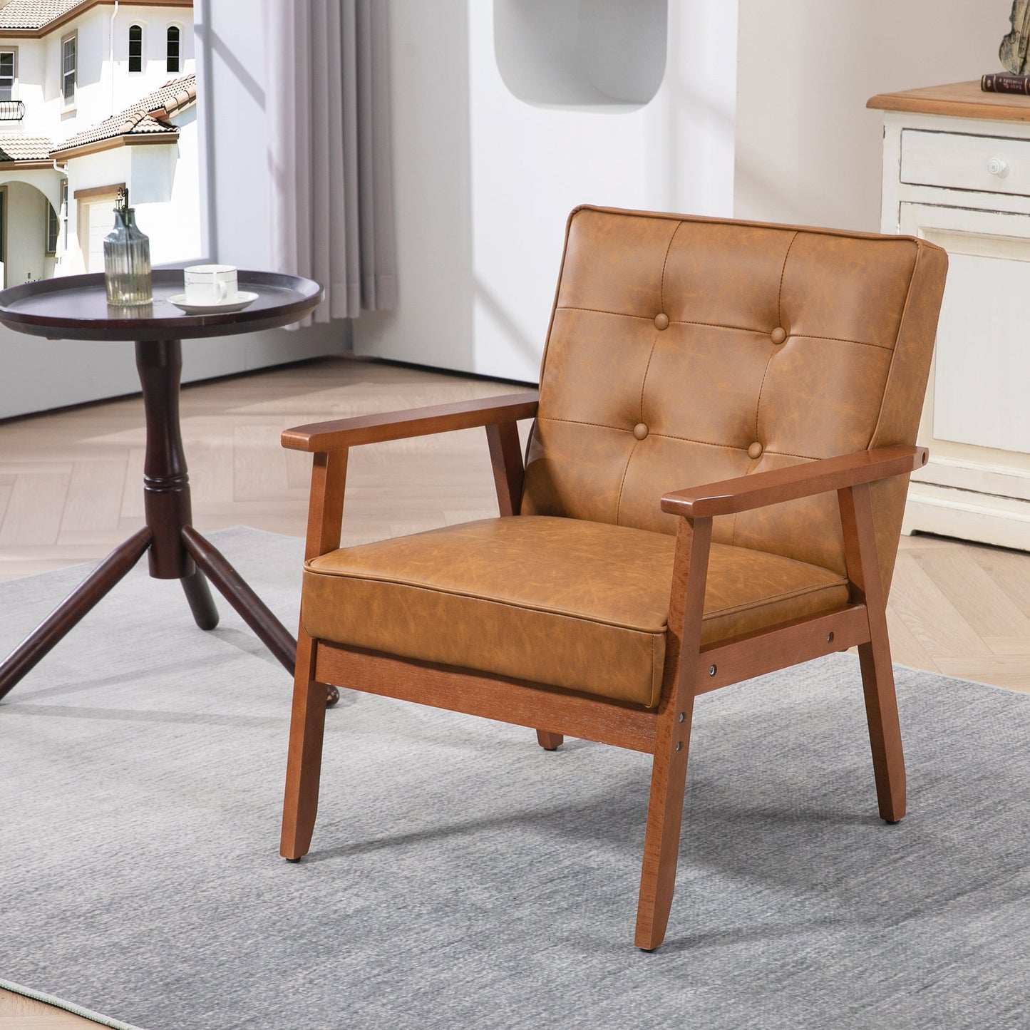 HOMCOM Armchair, PU Leather Accent Chair, Occasional Chair with Rubberwood Frame for Living Room, Reception, Bedroom, Balcony, Brown