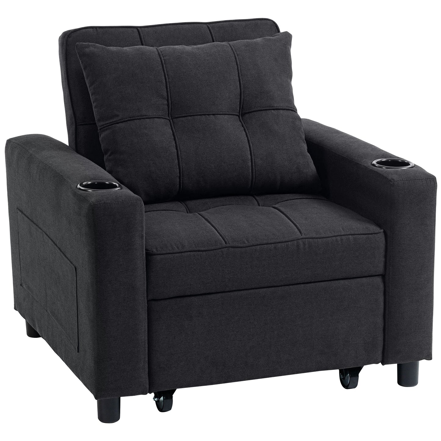 3-in-1 Single Sofa Bed, Convertible Sleeper Chair Bed with Adjustable Backrest, Fabric Pull Out Chair with Pillow, Side Pockets and Cup Holders for Living Room, Bedroom, Small Space, Black