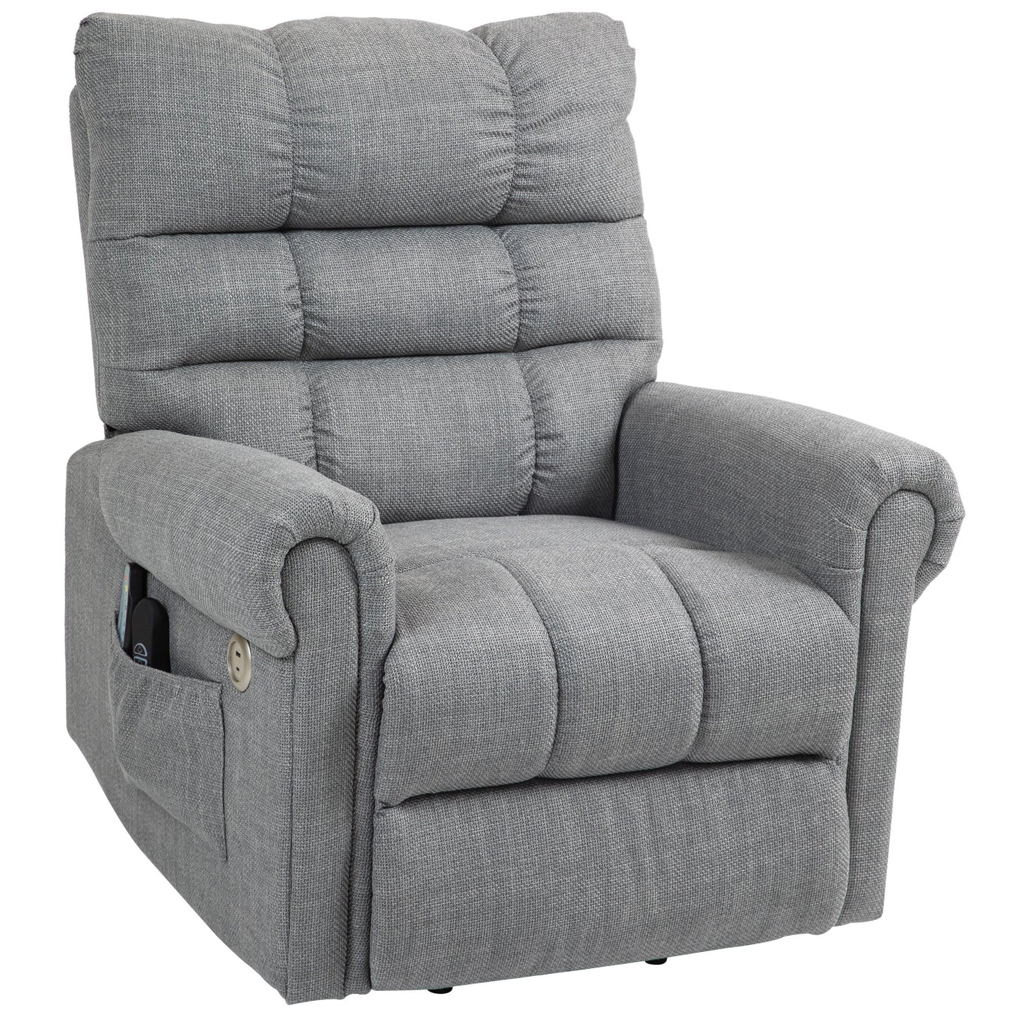 HOMCOM Power Lift Chair for Elderly, Electric Recliner Armchair with Massage and Heat, Type C and USB Ports, Fabric Riser and Reclining Chair with Side Pockets, Grey