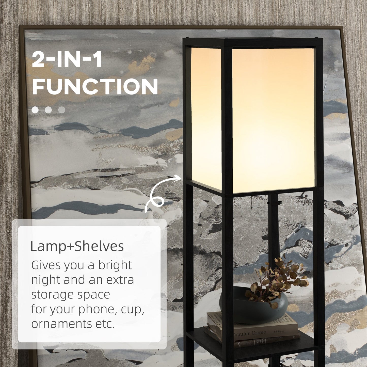 HOMCOM Floor Lamp with Shelves and Dual Light, Modern Corner Standing Lamp for Living Room, Bedroom, Bulb not Included, Black