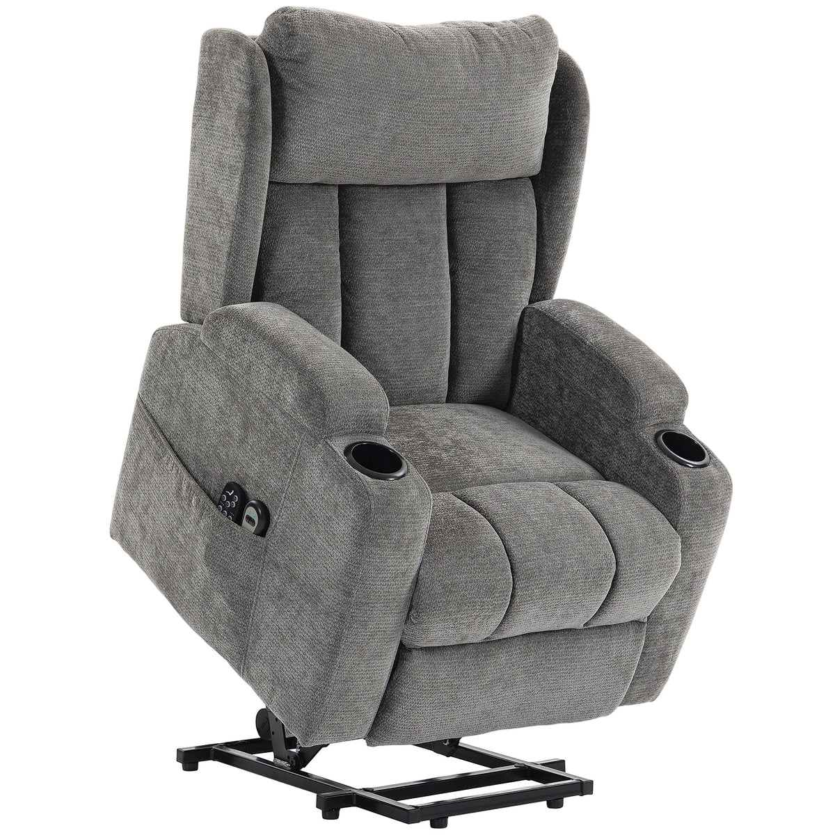 Power Lift Recliner Chair with Vibration Massage and Heat, Chenille Riser and Recliner Armchair for Elderly with Folding Headrest, Spring Cushion, Wide and High Back, Cup Holders, Remote, Grey