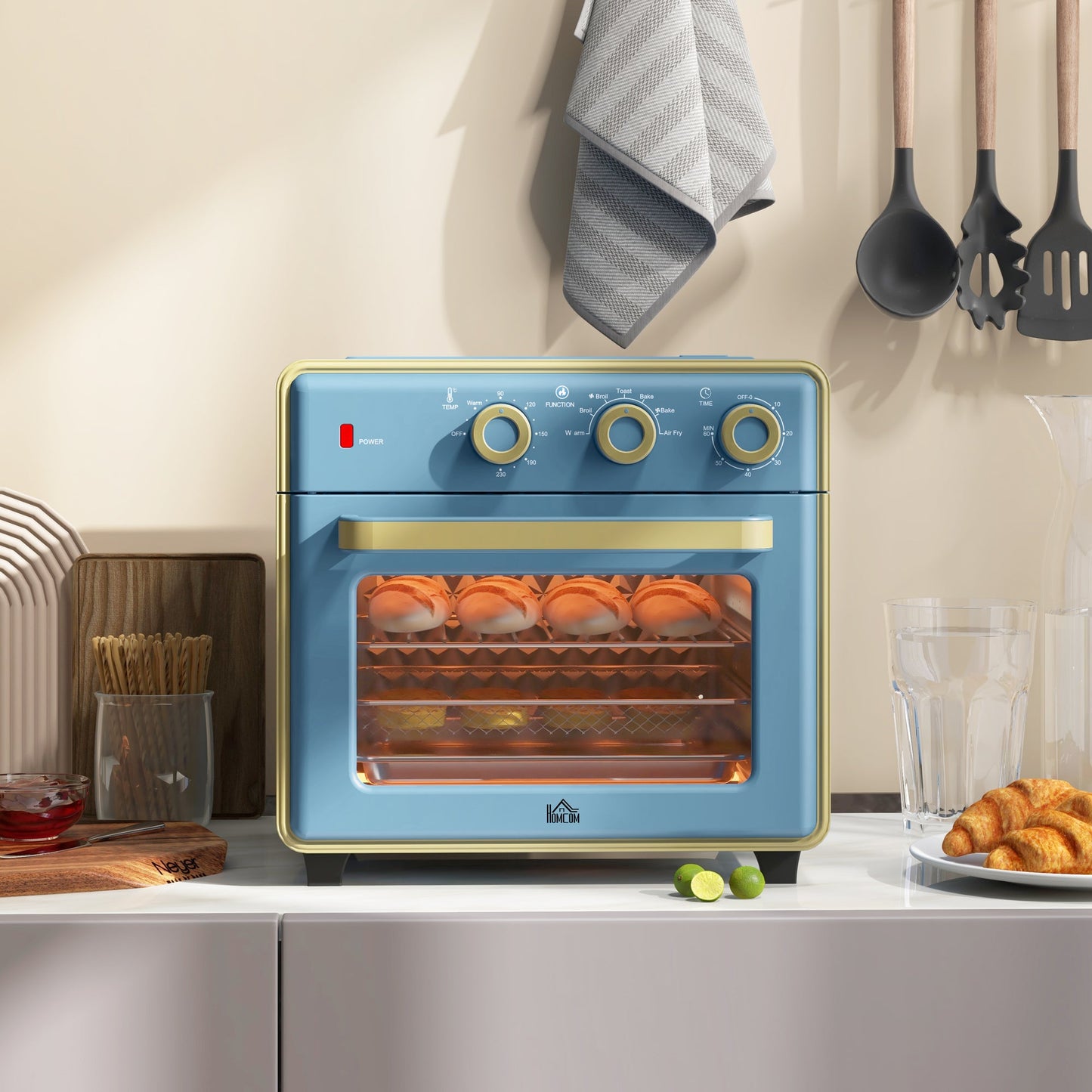 HOMCOM 20L Countertop Mini Oven, 7-in-1 Toaster Oven with Warm, Broil, Toast, Bake, Air Fryer Setting, Timer, Adjustable Thermostat, 4 Dishwasher Safe Accessories, 1400W, Blue