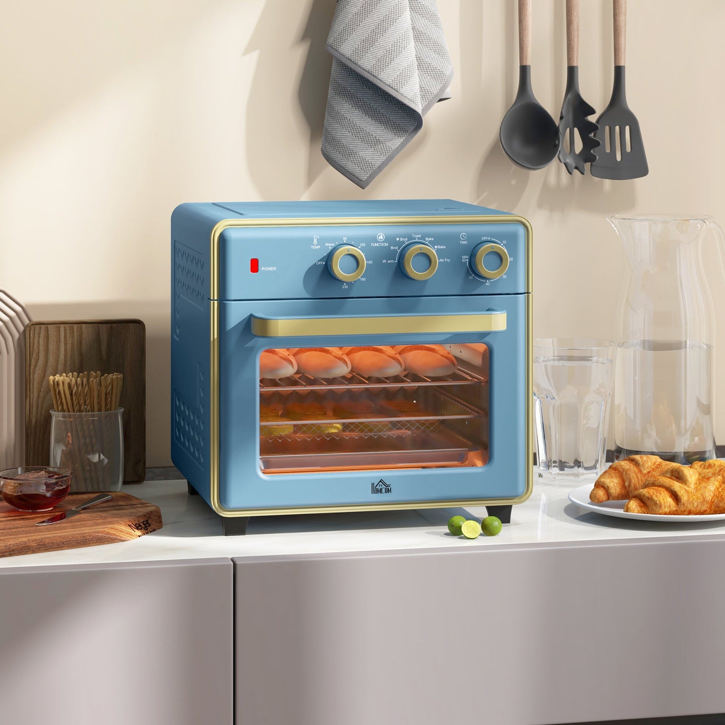 HOMCOM 20L Countertop Mini Oven, 7-in-1 Toaster Oven with Warm, Broil, Toast, Bake, Air Fryer Setting, Timer, Adjustable Thermostat, 4 Dishwasher Safe Accessories, 1400W, Blue