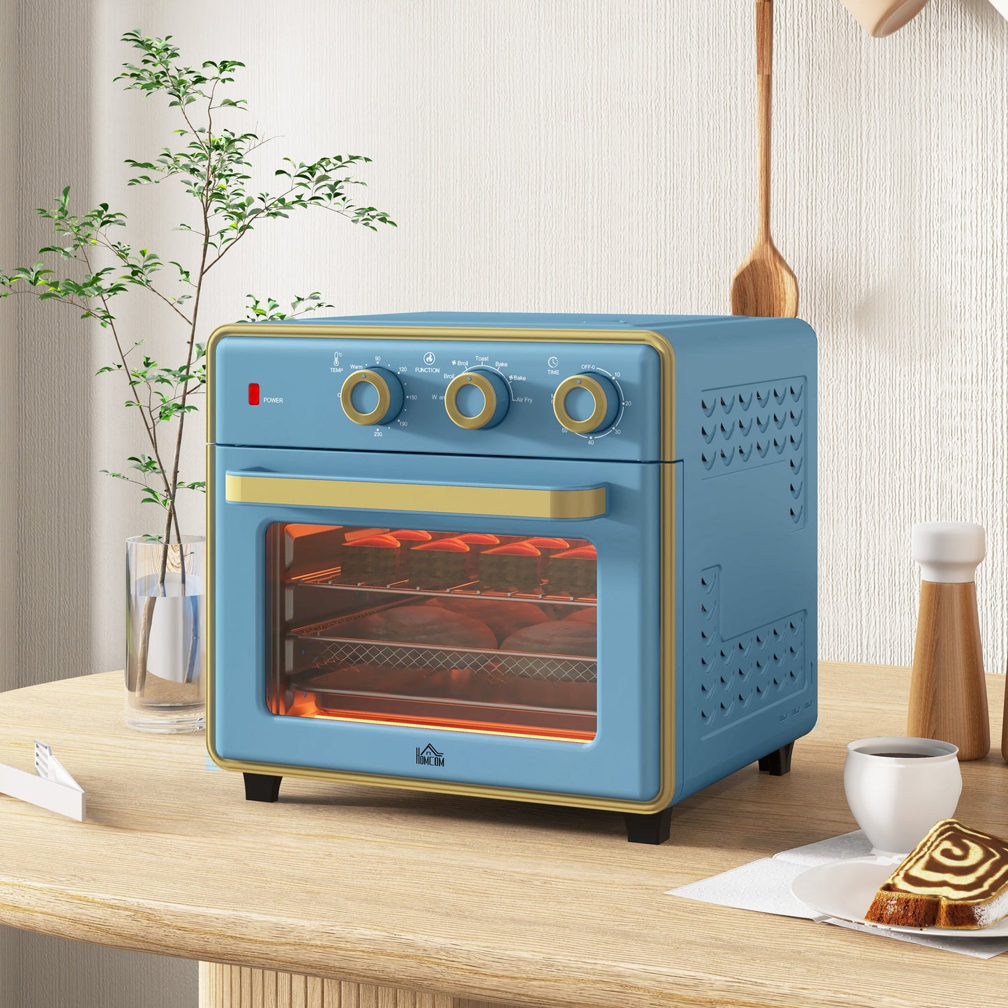 HOMCOM 20L Countertop Mini Oven, 7-in-1 Toaster Oven with Warm, Broil, Toast, Bake, Air Fryer Setting, Timer, Adjustable Thermostat, 4 Dishwasher Safe Accessories, 1400W, Blue