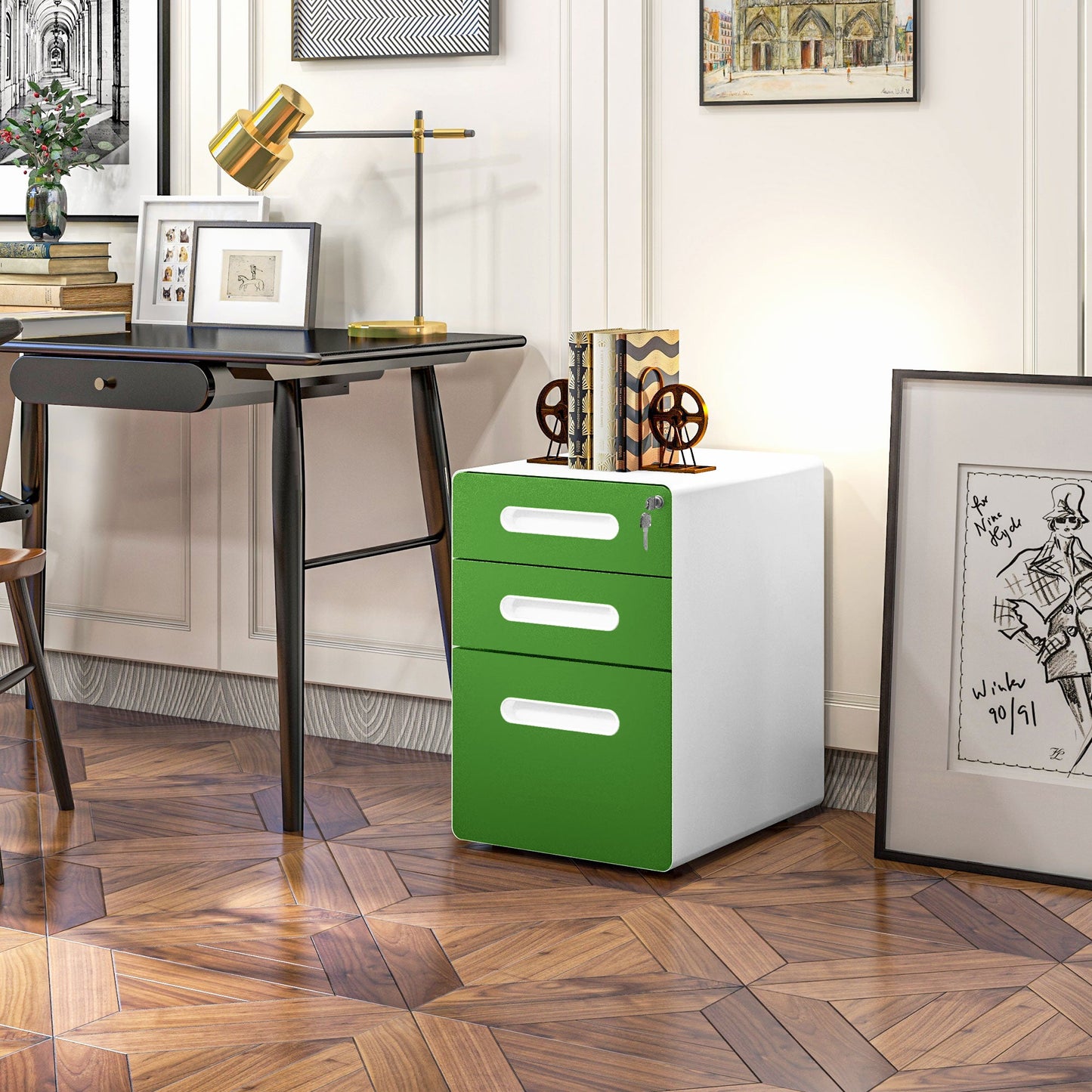 Vinsetto Lockable File Cabinet with 3 Drawers, Vertical Office Drawer for A4, Letter, Legal Size, Anti-tilt Design, Pre-Assembled Body, Green