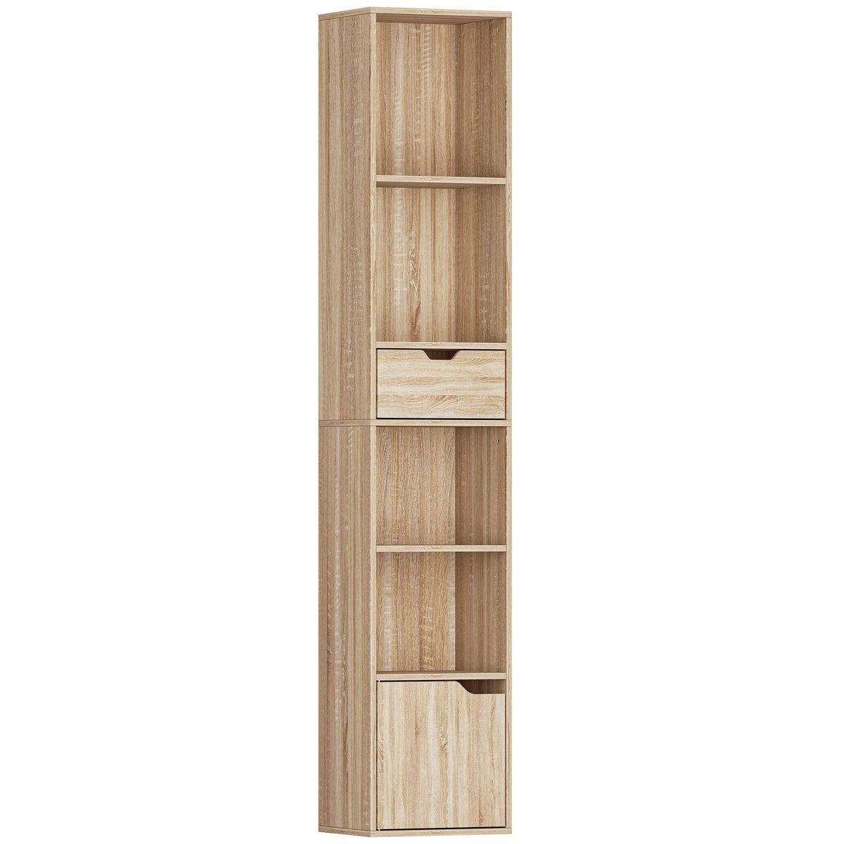 6-Tier Bookcase, Tall Narrow Bookshelf with Drawer, Door, Adjustable Shelf, Modern Display Standing Shelving Unit for Living Room, Home Office, Bedroom, 30 x 24 x 158 cm, Natural Wood Finish