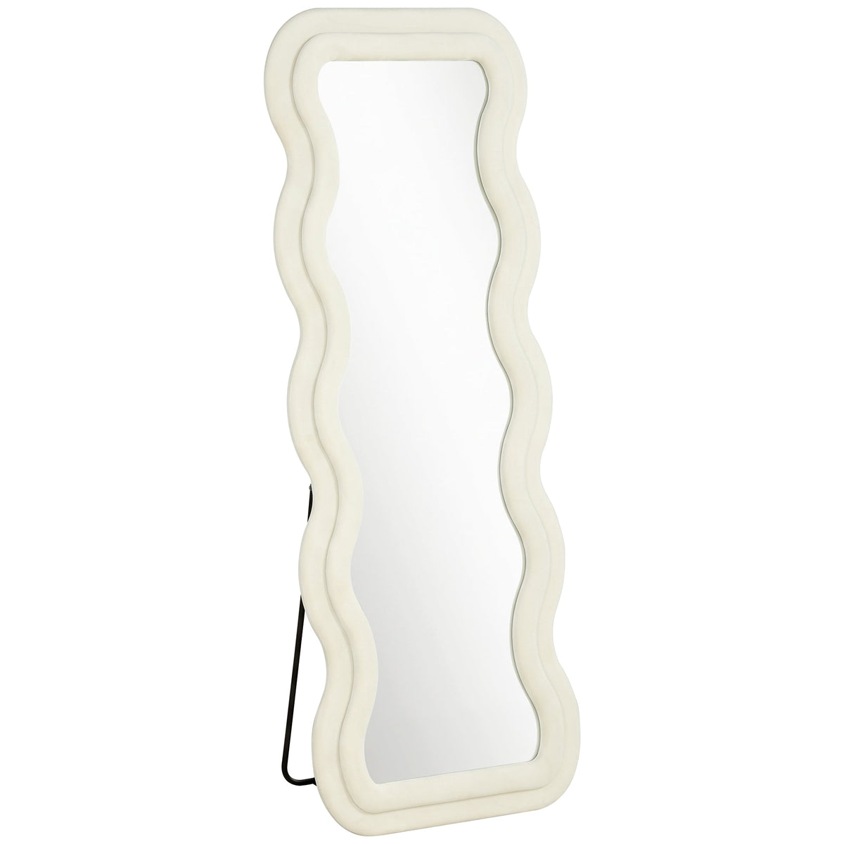Full Length Mirror, 160 x 60 cm Wavy Large Full Body Standing Mirror with Velvet Frame, HD Tempered Glass, Floor Standing, Wall Hanging or Leaning for Bedroom, Living Room, Cream White