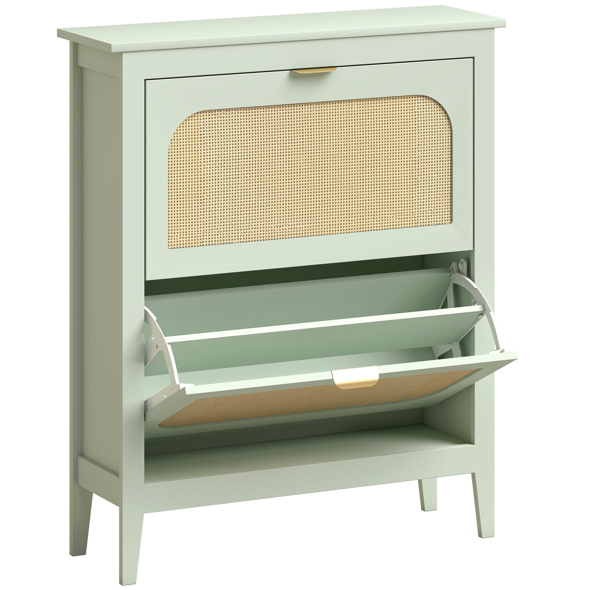 Shoe Storage Cabinet with 2 Flip Drawers, Boho Slim Shoe Cabinet with Rattan Doors for Entryway, Hallway, Holds 14 Pairs, Light Green