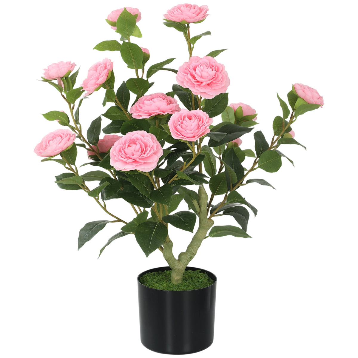 65cm Artificial Camellia Flower Plant in Pot, Realistic Silk Flowers with 116 Lush Leaves & Moss Effect, Faux Tree for Outdoor Indoor Garden Porch Decor, Pink