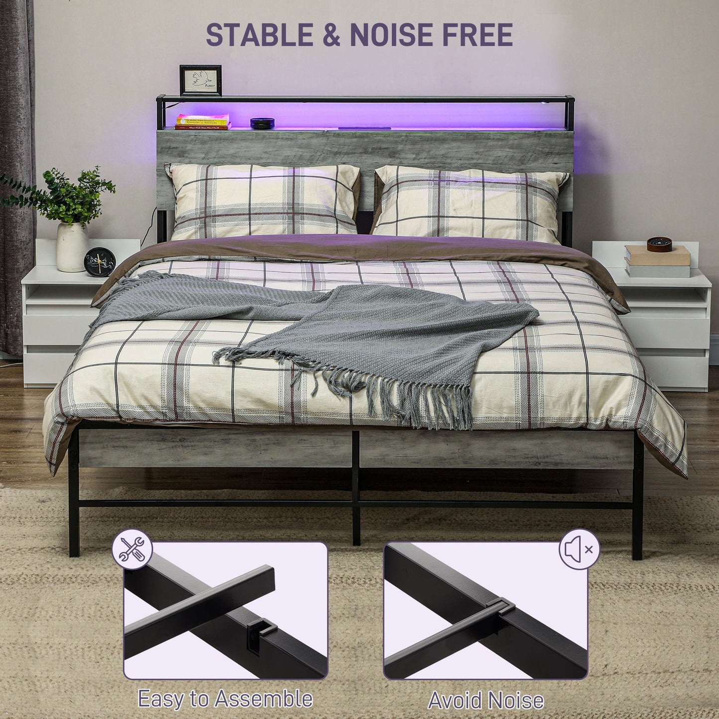 HOMCOM 5ft King Size Bed Frame with LED Lights and Charging Station, Platform Bed Frame with Storage Headboard, Steel Slat Support, No Box Spring Needed, Easy Assembly, Cement Grey