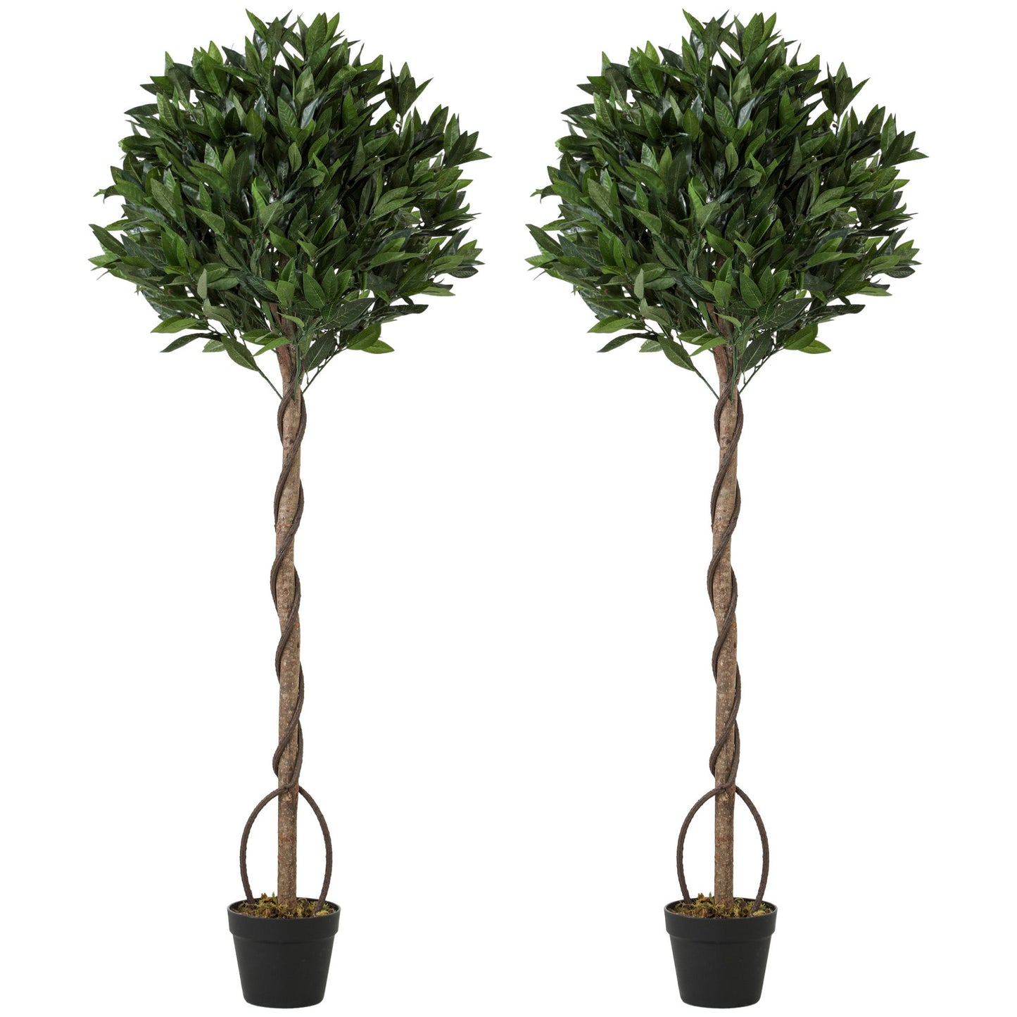 Artificial Bay Laurel Topiary Trees with Twisted Trunk, Realistic Lush Topiary Ball Tree with Weighted Pot, 150cm Indoor Greenery Plant for Home Office Decor, Set of 2, Green