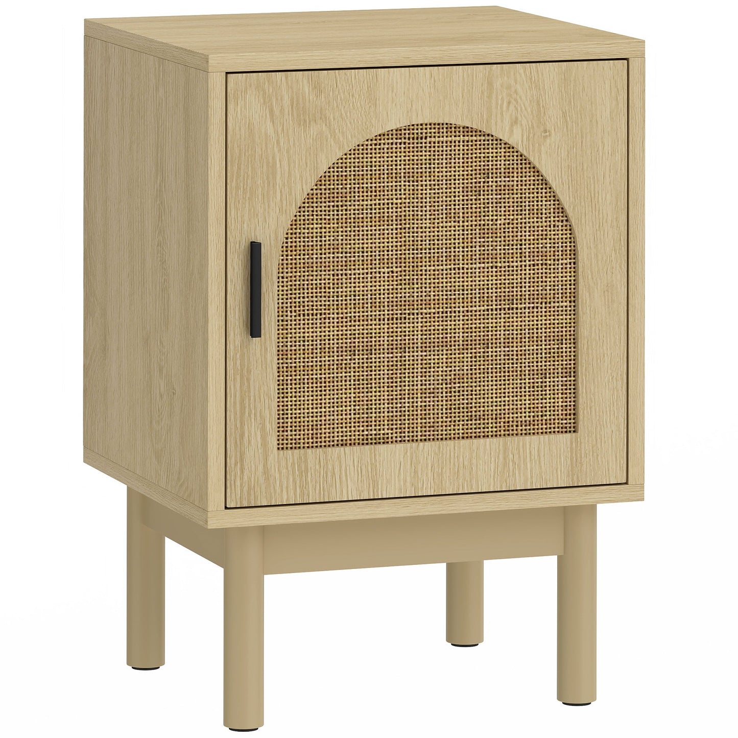 Rattan Bedside Table, Boho Bedside Cabinet with Adjustable Shelf and Solid Wood Legs, Side Table for Living Room, Bedroom, Natural Wood