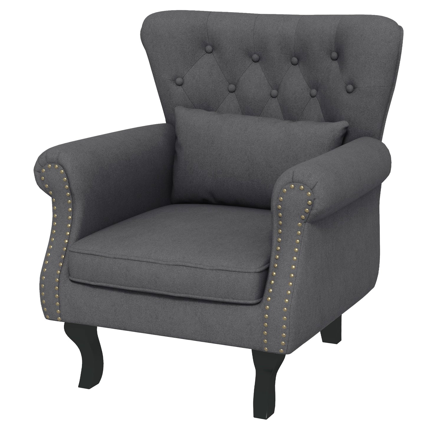 HOMCOM Wingback Armchair, Chesterfield-style Accent Chair, Upholstered Fireside Chair with Pillow, Button Tufted Back and Naihead Trim for Living Room, Bedroom, Home Office, Dark Grey