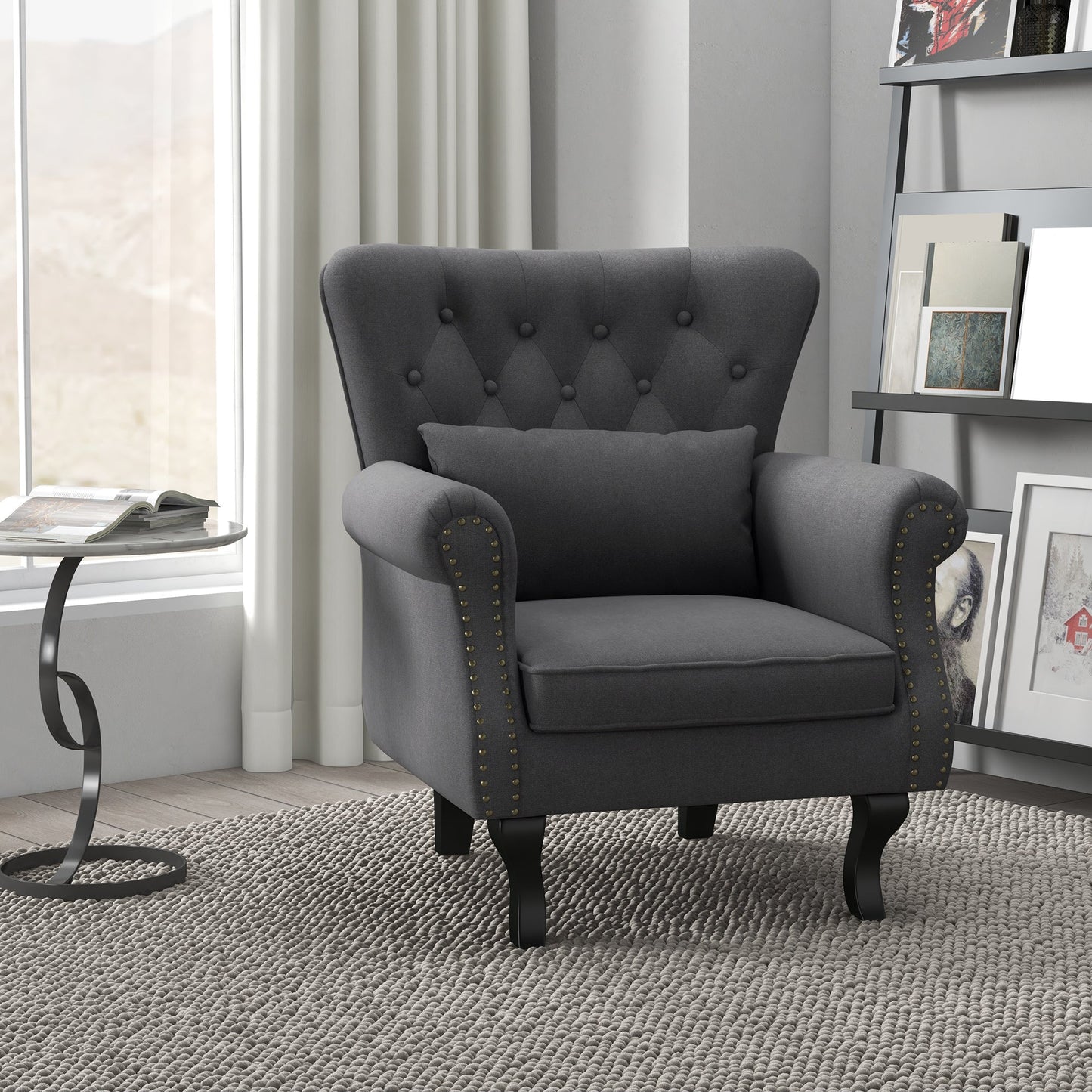 HOMCOM Wingback Armchair, Chesterfield-style Accent Chair, Upholstered Fireside Chair with Pillow, Button Tufted Back and Naihead Trim for Living Room, Bedroom, Home Office, Dark Grey