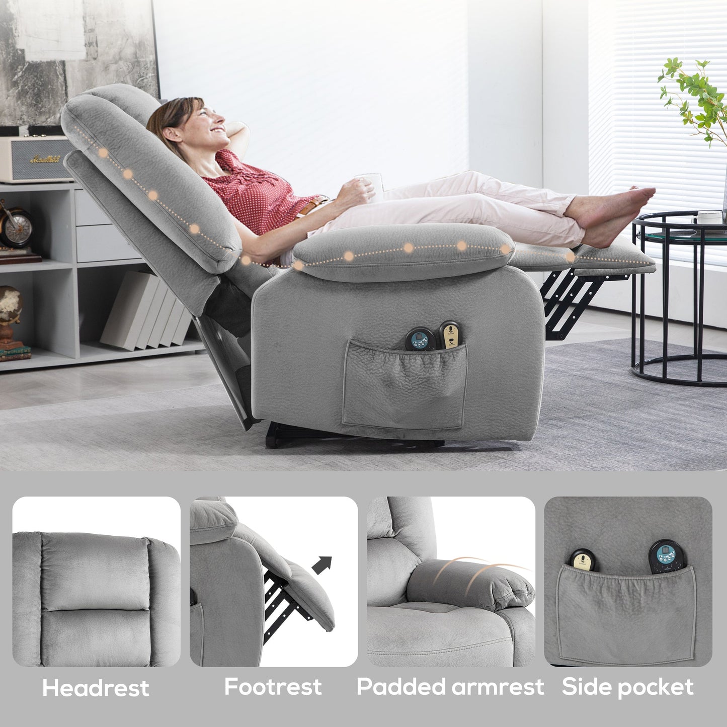 HOMCOM Power Lift Riser and Recliner Chair with Vibration Massage and Heat, Velvet Fabric Electric Recliner Armchair for Elderly with Remote Controllers, Side Pocket, Quick Assembly, Grey