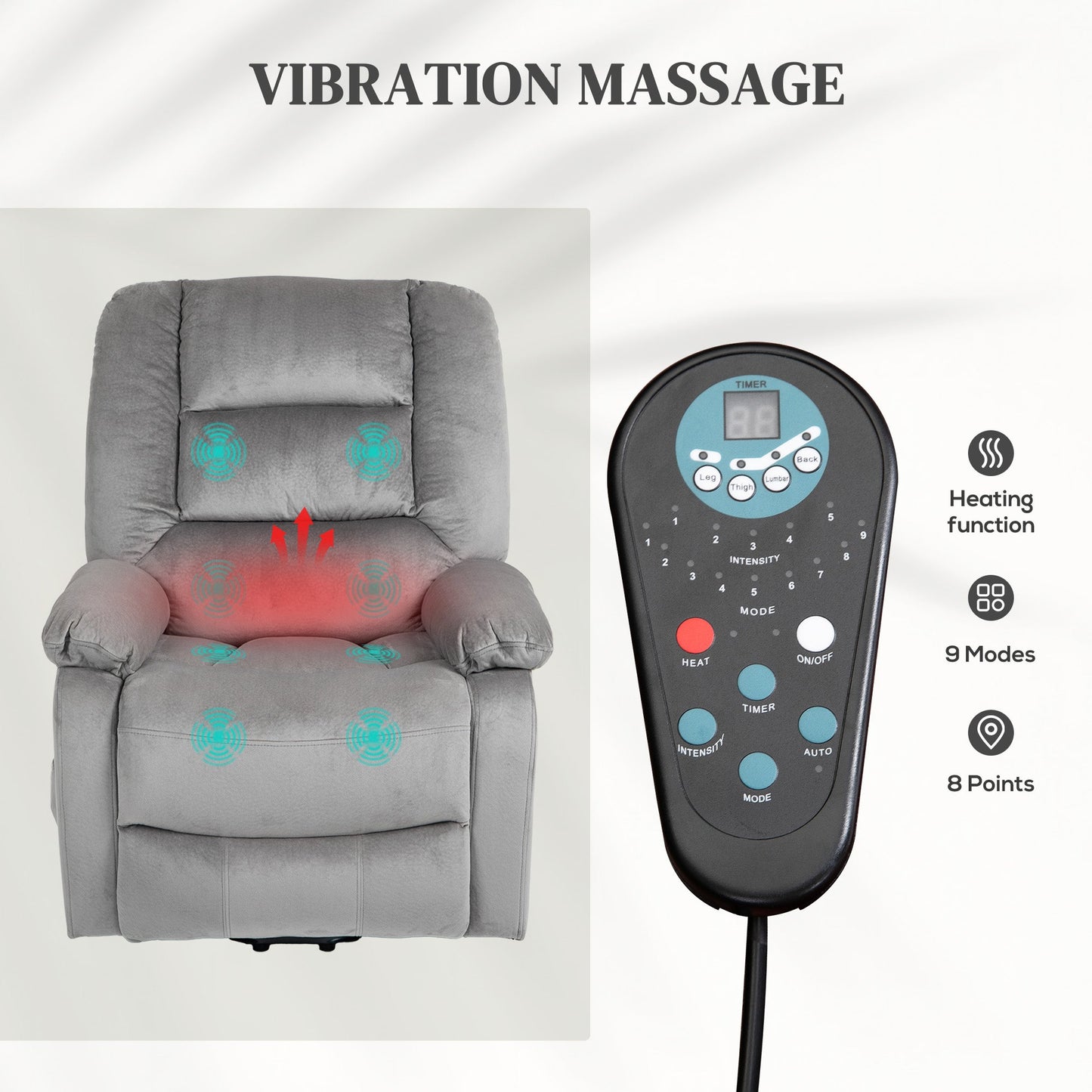 HOMCOM Power Lift Riser and Recliner Chair with Vibration Massage and Heat, Velvet Fabric Electric Recliner Armchair for Elderly with Remote Controllers, Side Pocket, Quick Assembly, Grey