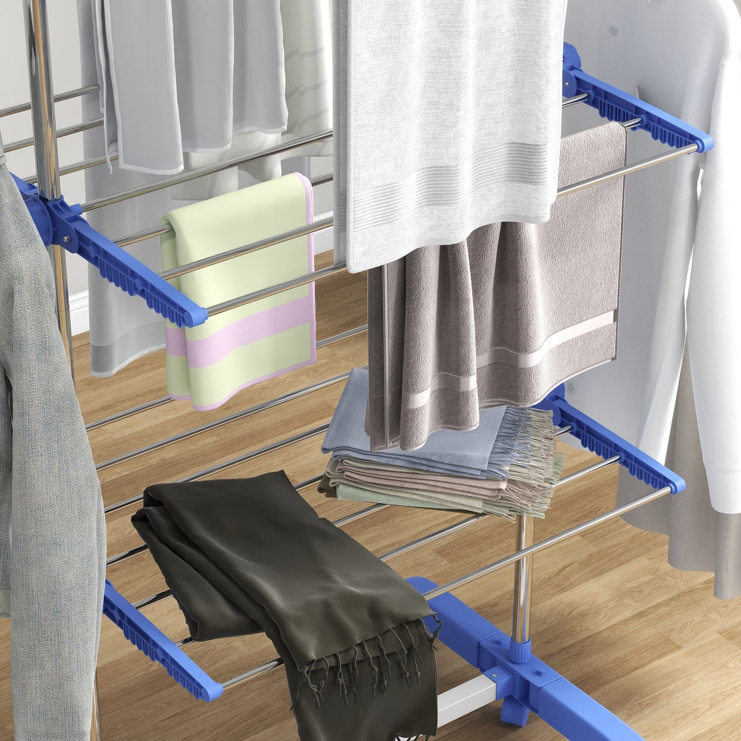 HOMCOM 3-Tier Clothes Airer, Foldable Clothes Drying Rack, Stainless Steel Indoor and Outdoor Clothes Dryer with Wheels and Wings, Easy Assembly, 142 x 55 x 152cm, Blue