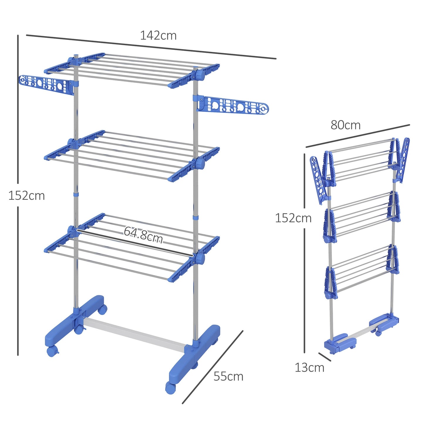 HOMCOM 3-Tier Clothes Airer, Foldable Clothes Drying Rack, Stainless Steel Indoor and Outdoor Clothes Dryer with Wheels and Wings, Easy Assembly, 142 x 55 x 152cm, Blue