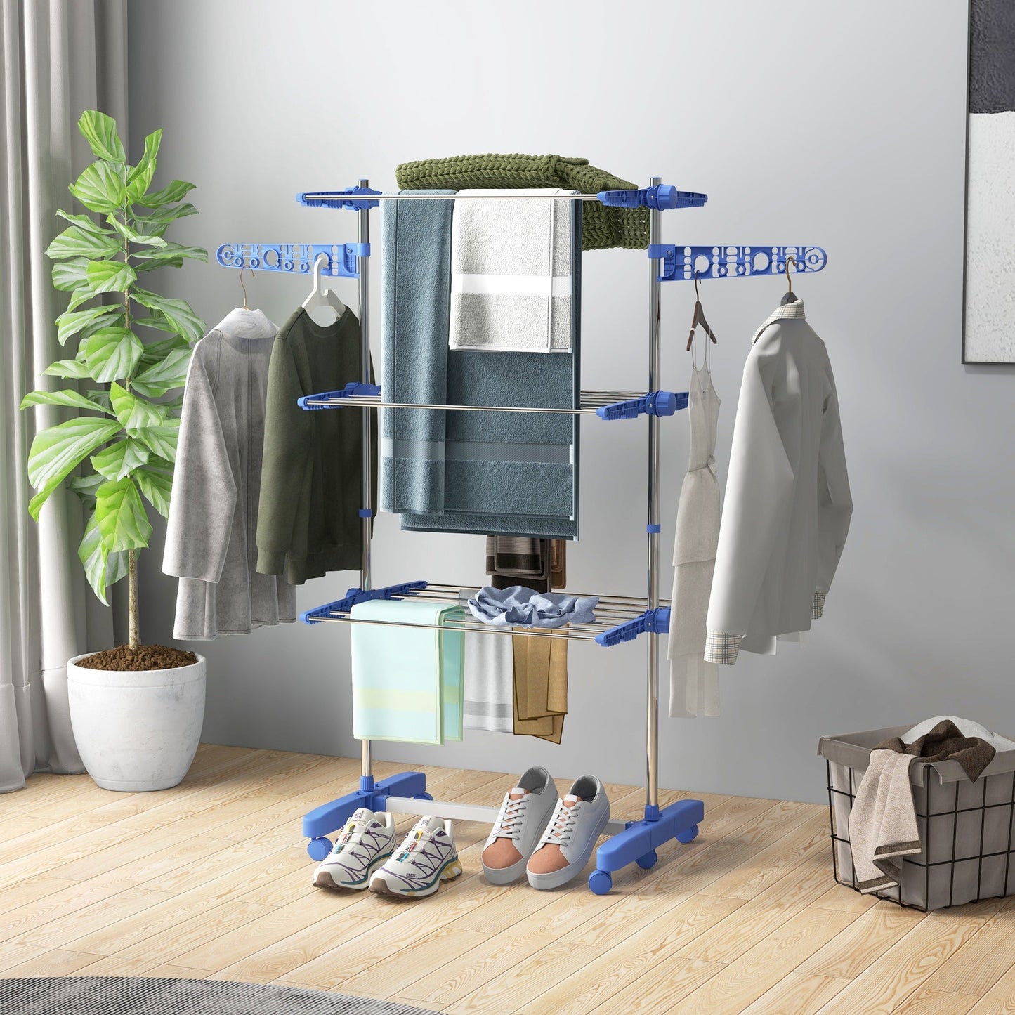 HOMCOM 3-Tier Clothes Airer, Foldable Clothes Drying Rack, Stainless Steel Indoor and Outdoor Clothes Dryer with Wheels and Wings, Easy Assembly, 142 x 55 x 152cm, Blue