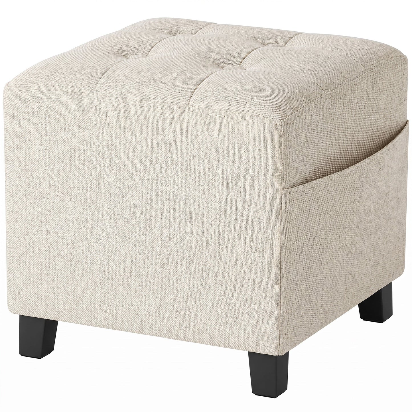 Square Footstool, Small Ottoman with Side Pocket, Linen-look Fabric Footrest Foot Stool with Rubber Wood Legs and Padded Seat for Living Room, Bedroom, Entryway, 35 x 35 x 35cm, Beige