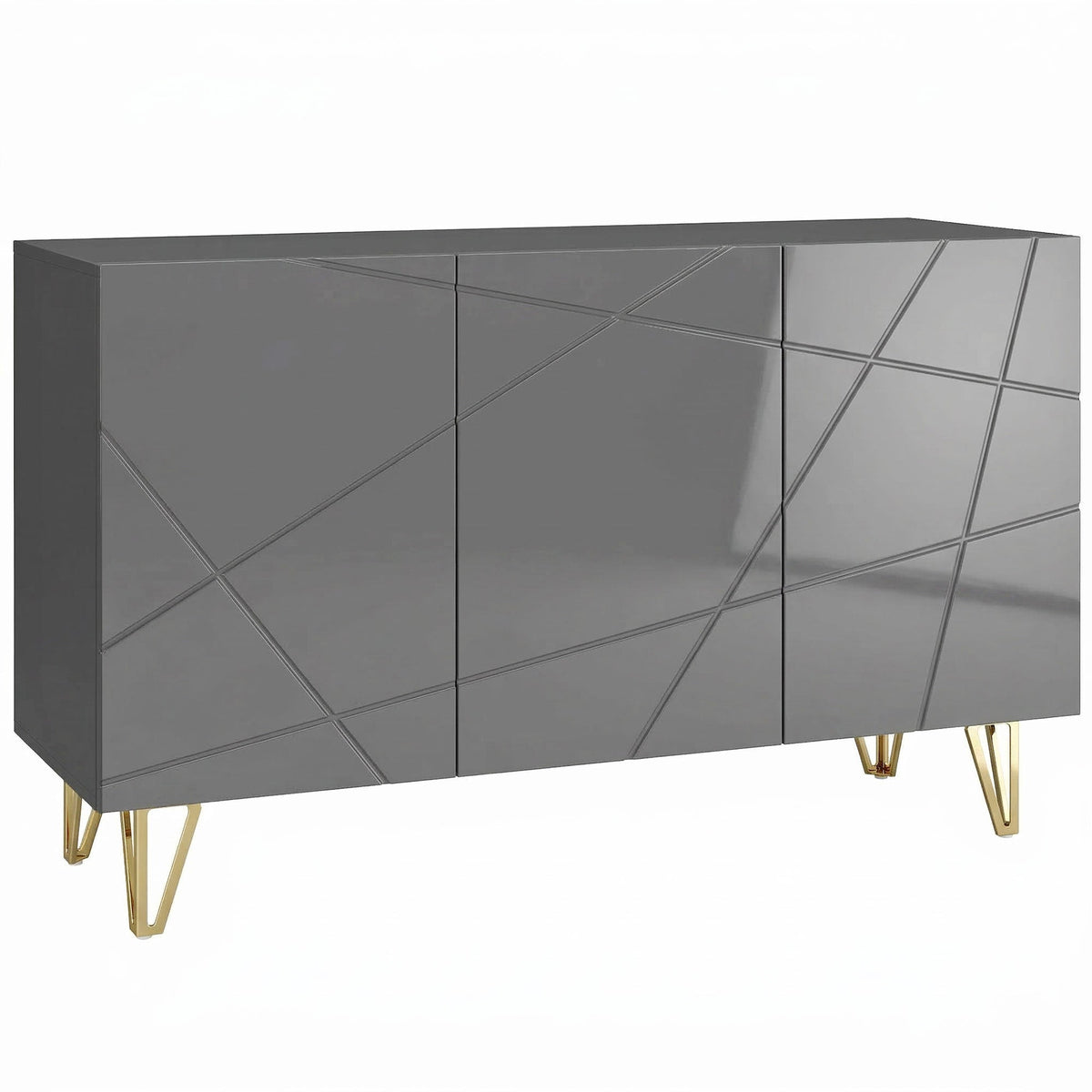 Storage Cabinet with High Gloss, Freestanding Sideboard with Adjustable Shelves, Soft-Close Doors and Gold Tone Hairpin Legs for Living Room, Dining Room, Hallway, Grey