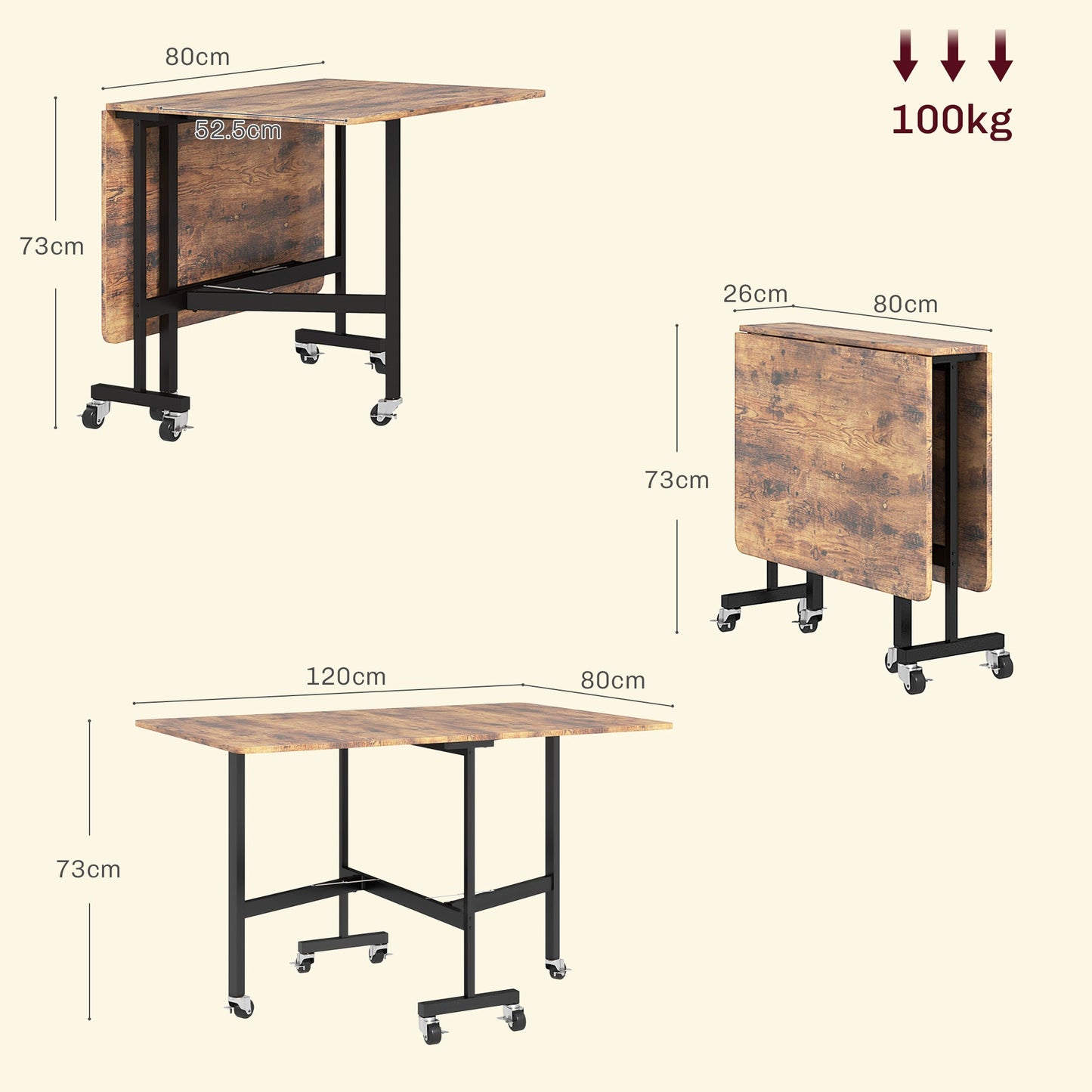 Mobile Drop Leaf Table, Folding Dining Table with 6 Wheels & Brakes, Kitchen Table for Small Spaces, Rustic Brown