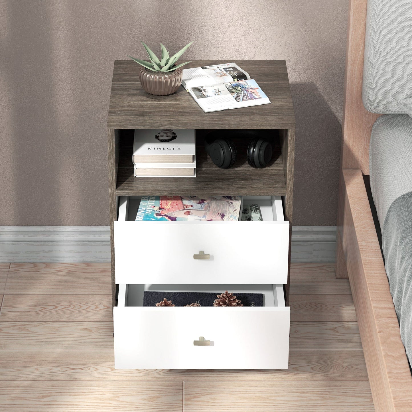 HOMCOM Bedside Tables Set of 2, Modern Nightstand with 2 Drawers and Open Cubby, Sofa Side End Table for Bedroom, 40 x 34 x 64cm, Grey