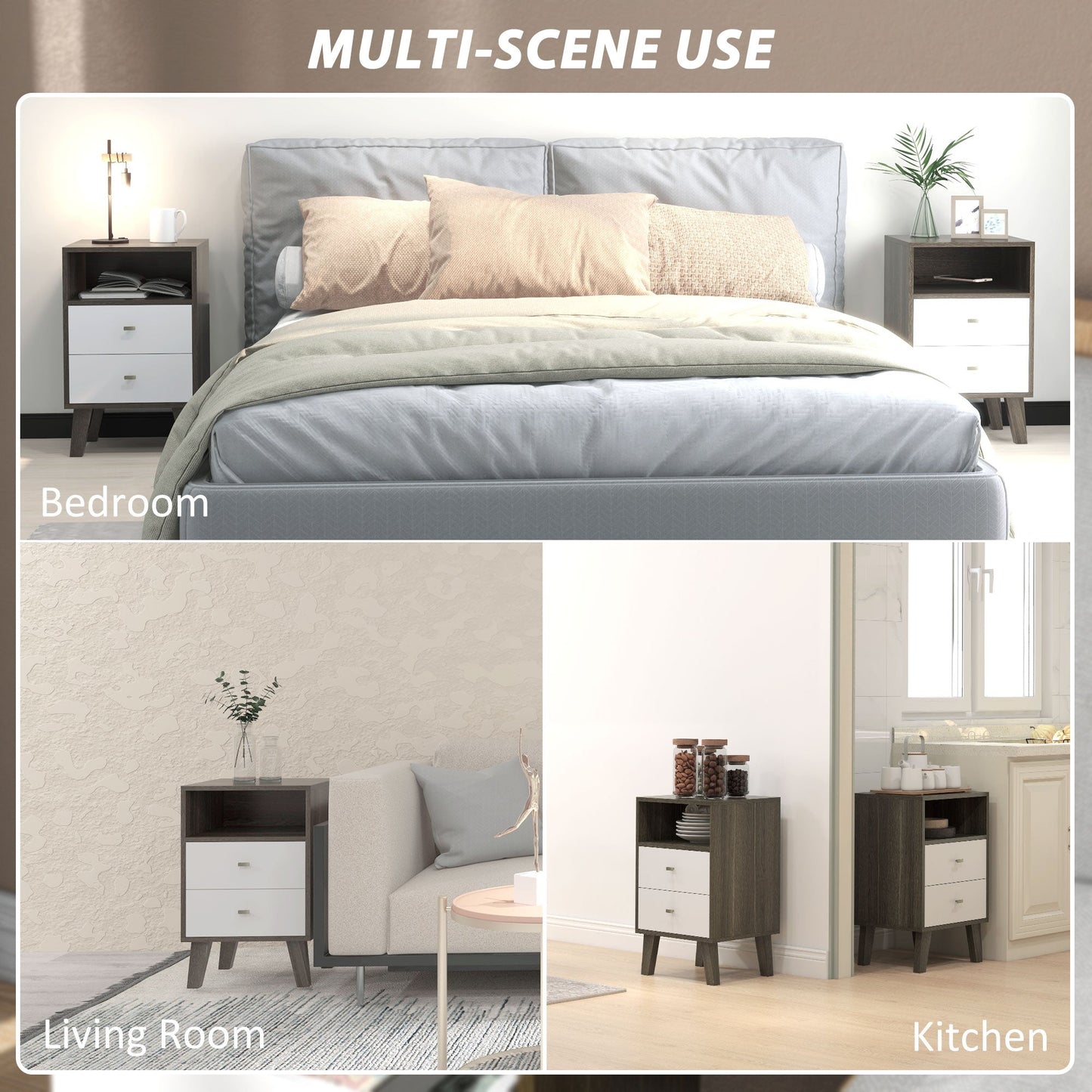 HOMCOM Bedside Tables Set of 2, Modern Nightstand with 2 Drawers and Open Cubby, Sofa Side End Table for Bedroom, 40 x 34 x 64cm, Grey
