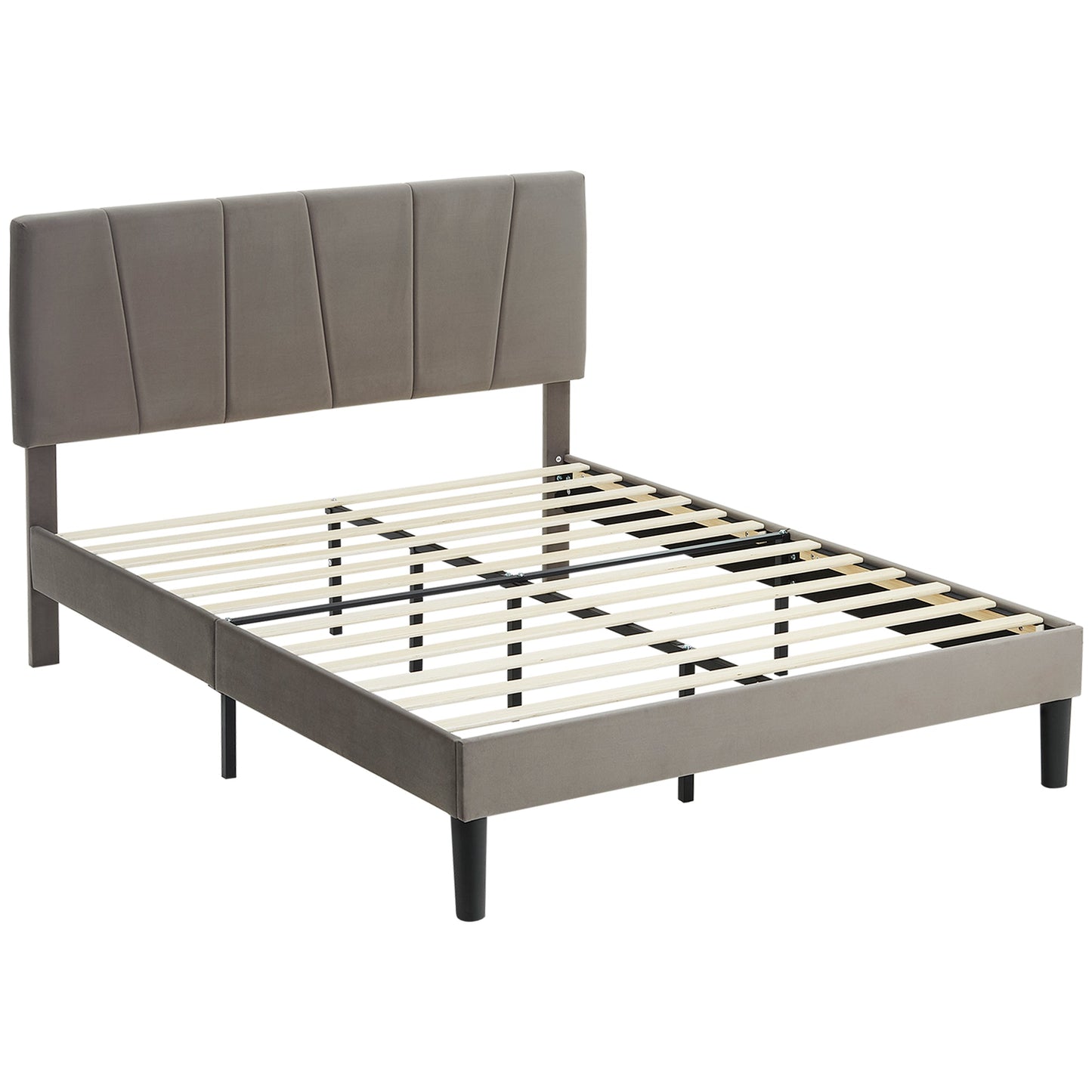 HOMCOM Double Bed Frame with 5-Level Adjustable Velvet Upholstered Headboard, Wooden Slats Mattress Foundation, No Box Spring Needed, Grey