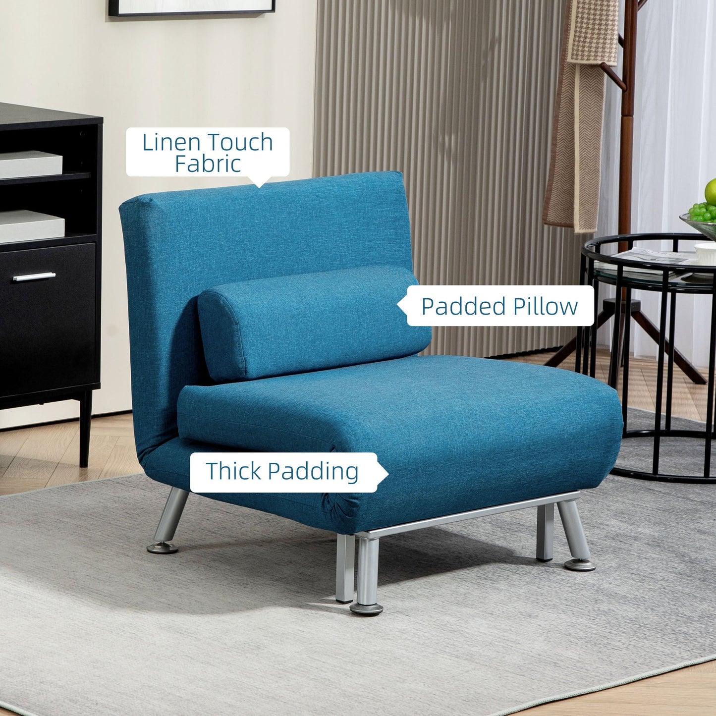 HOMCOM Linen Single Chair Bed, 3-in-1 Convertible Sleeper Chair with Adjustable Backrest, Pillow, for Living Room, Bedroom, Blue