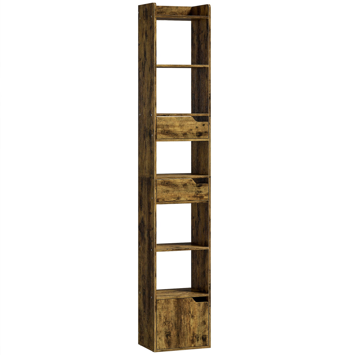 Bookcase with Drawers and Cabinet, 5-Tier Bookshelf, Narrow Tall Storage Cabinet with Anti-Tip for Living Room, Study, Home Office, Rustic Brown