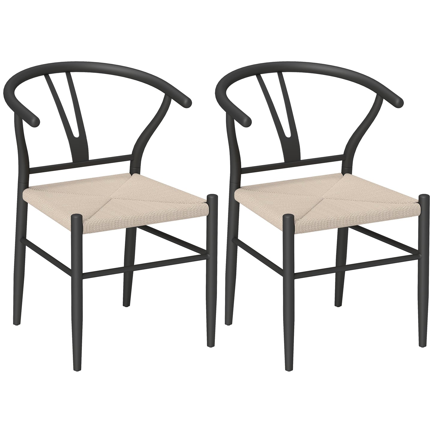 Weave Dining Chairs Set of 2, Mid-Century Modern Metal Kitchen Chairs with Y-Shaped Backrest and Hemp Seat for Dining Room, Living Room, Bedroom, Black
