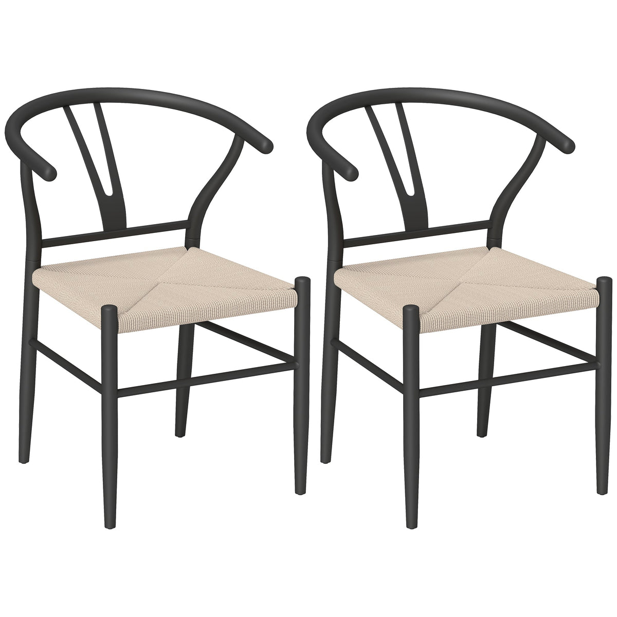 Weave Dining Chairs Set of 2, Mid-Century Modern Metal Kitchen Chairs with Y-Shaped Backrest and Hemp Seat for Dining Room, Living Room, Bedroom, Black