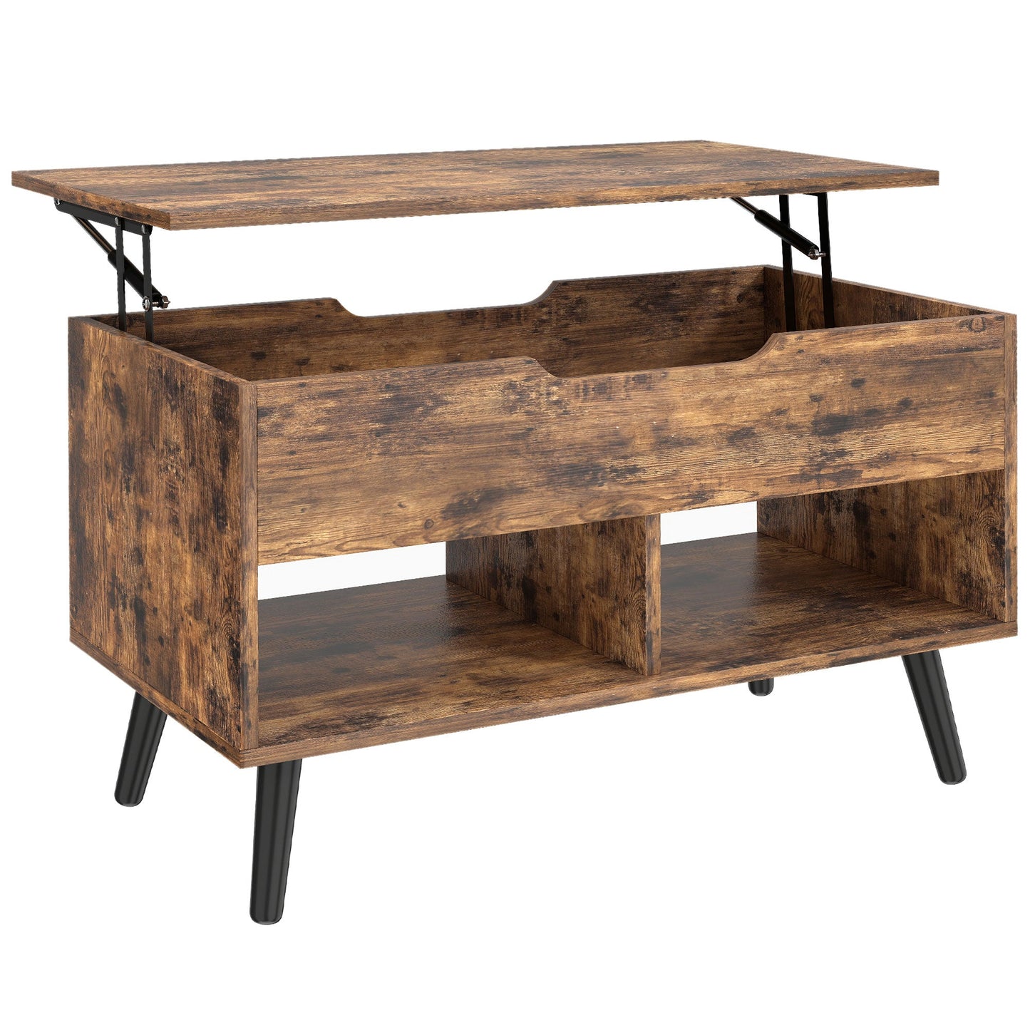 Industrial Lift Top Coffee Table, Living Room Table with Hidden Compartment, Open Shelves and Metal Legs, 75 cm, Rustic Brown
