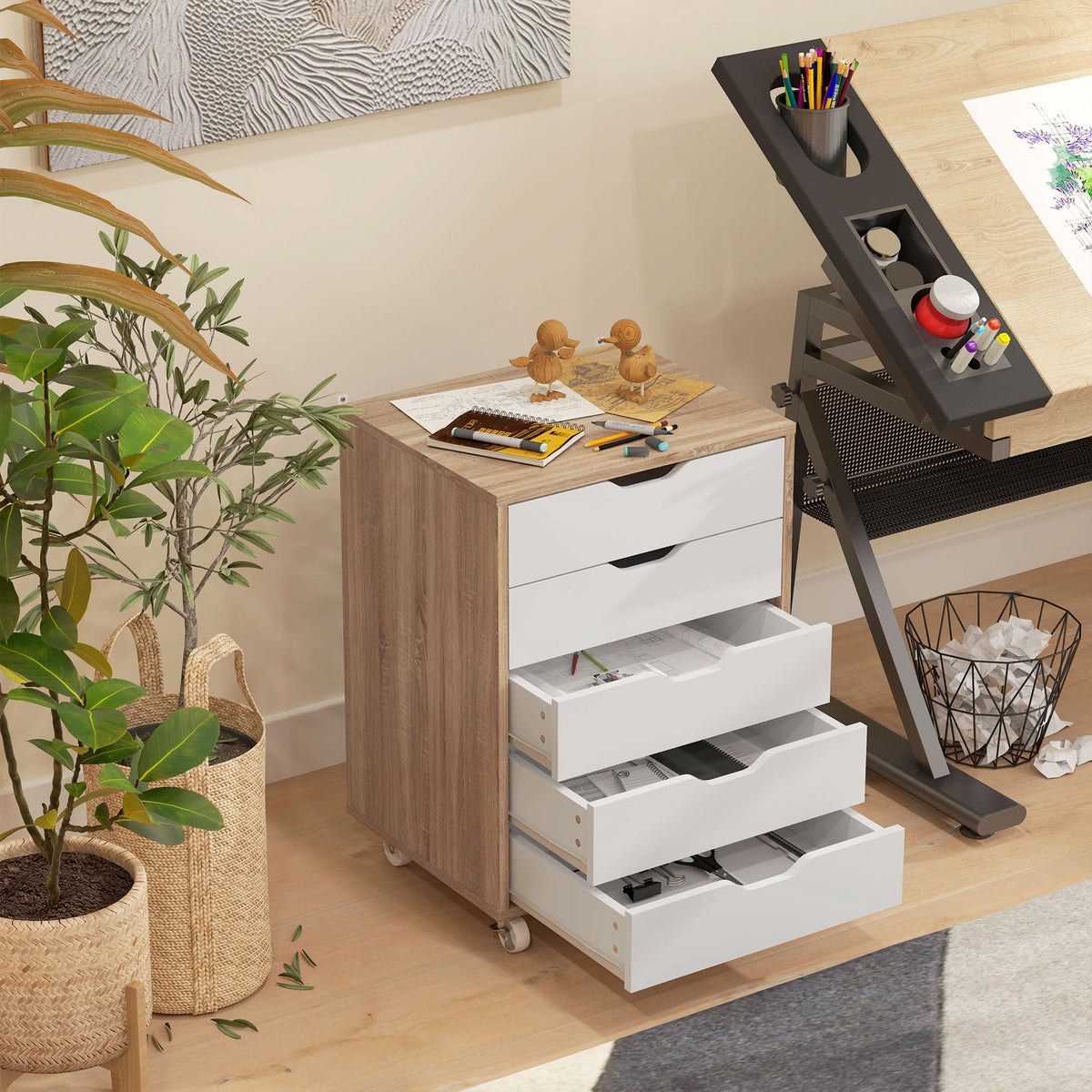 Vinsetto Vertical Filing Cabinet, 5-drawer File Cabinet, Mobile Office Cabinet on Wheels for Study, Home Office, Oak
