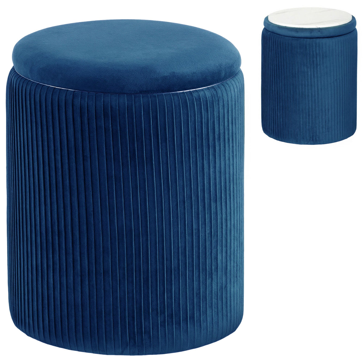 Round Storage Ottoman, Velvet-feel Fabric Upholstered Foot Stool with Removable Top, Padded Seat and Hidden Space for Living Room, Bedroom, Blue
