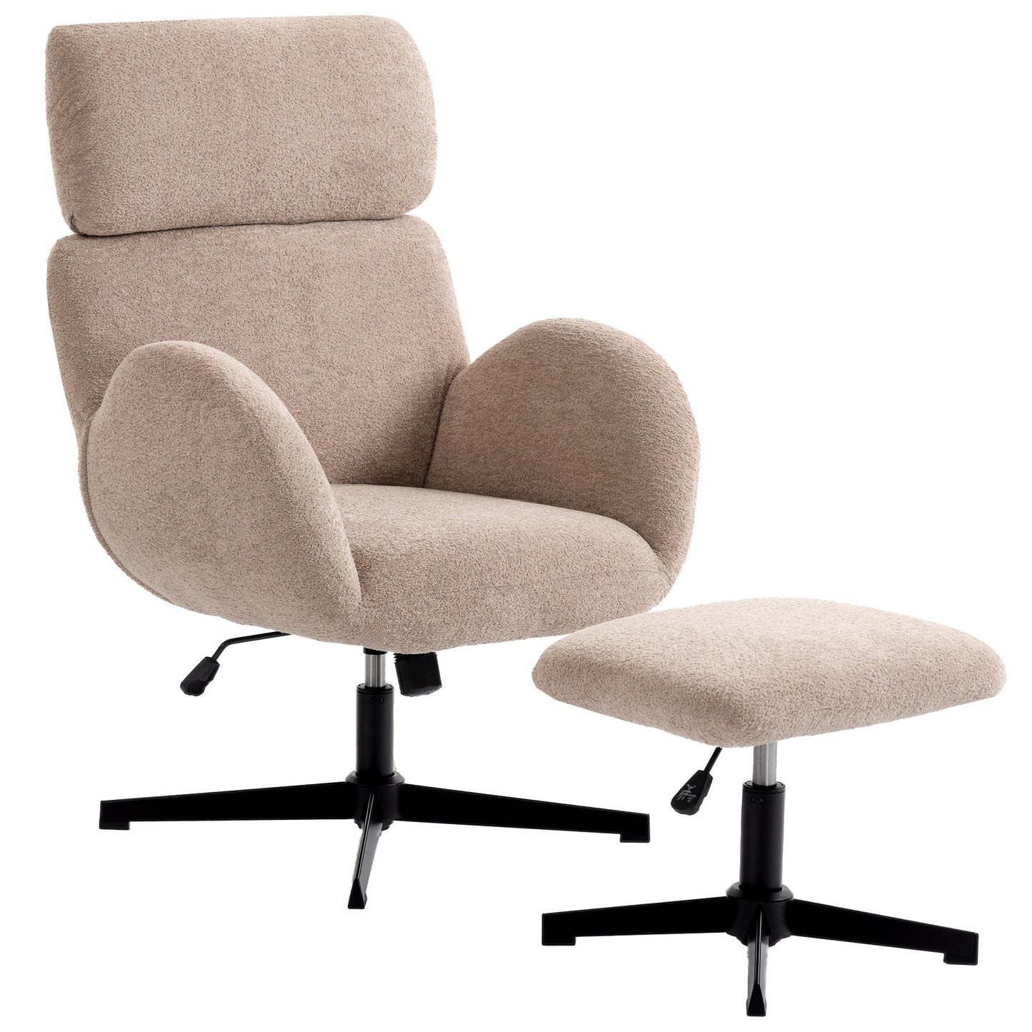 Swivel Armchair and Footstool Set, Raindrop Velvet Height Adjustable Accent Chair with Adjustable Headrest, Rocking Function, Wide Back, Modern Lounge Chair for Living Room, Light Brown